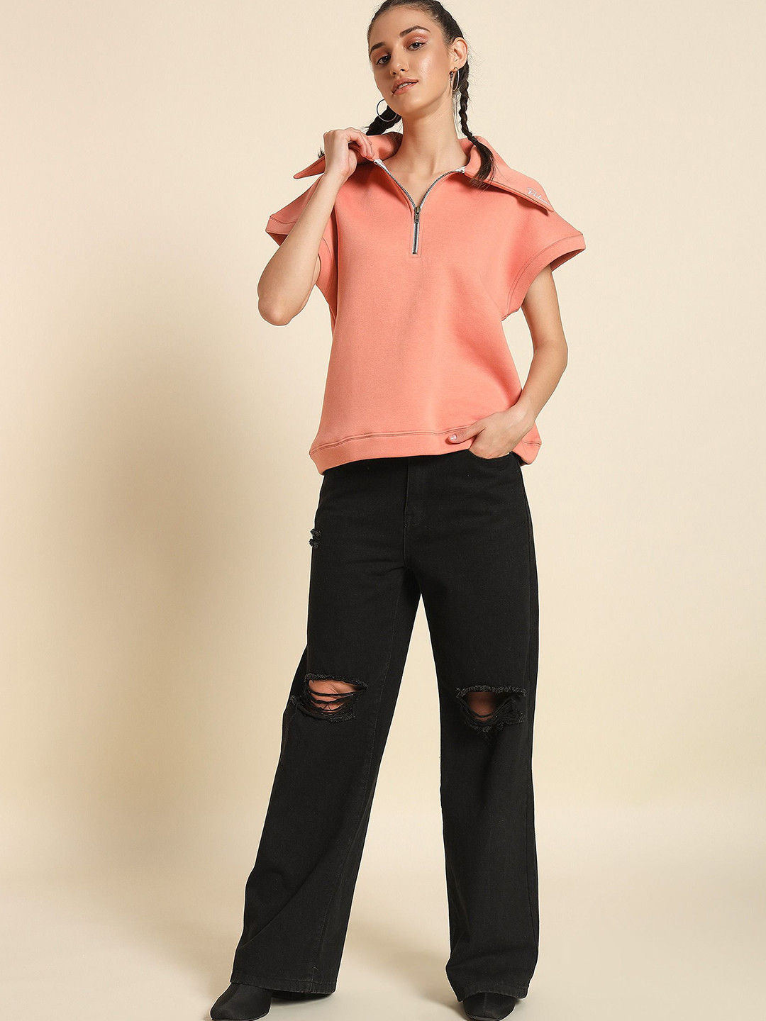 

PockMAN Women Solid Shirt Collar Sweatshirt, Peach