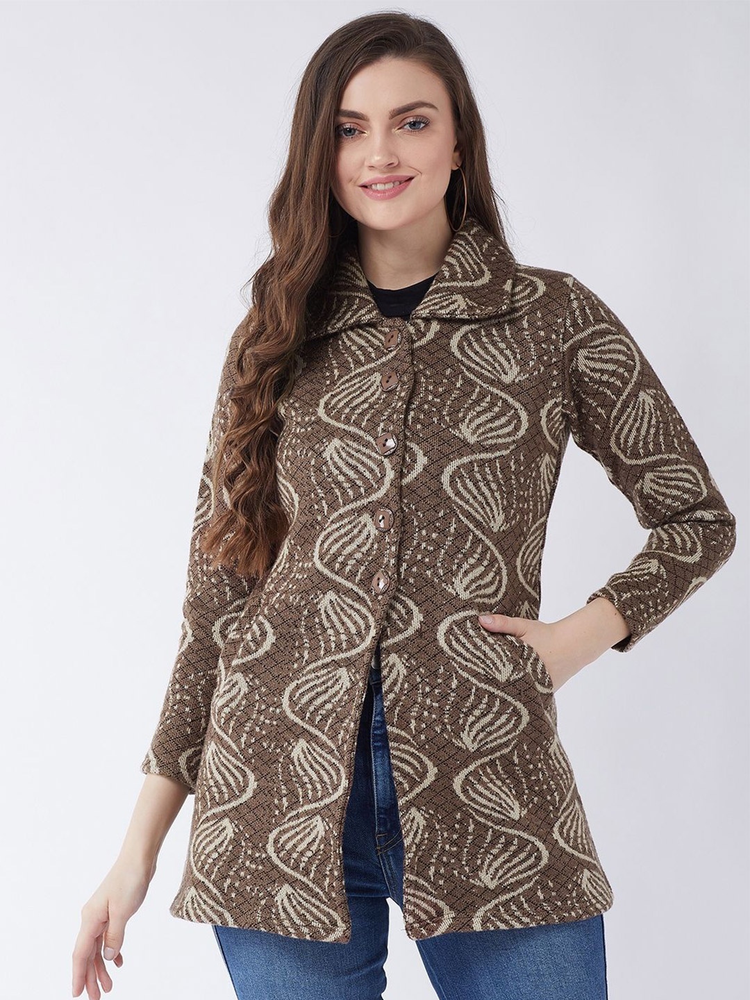 

PIVL Women Printed Longline Cardigan Sweater, Brown