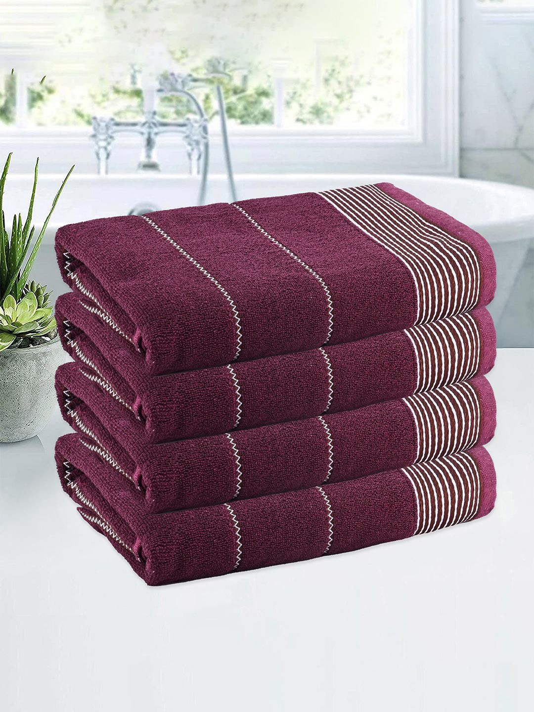 

Kuber Industries Maroon & White 4 Pieces Striped Cotton 450 GSM Bath Towel