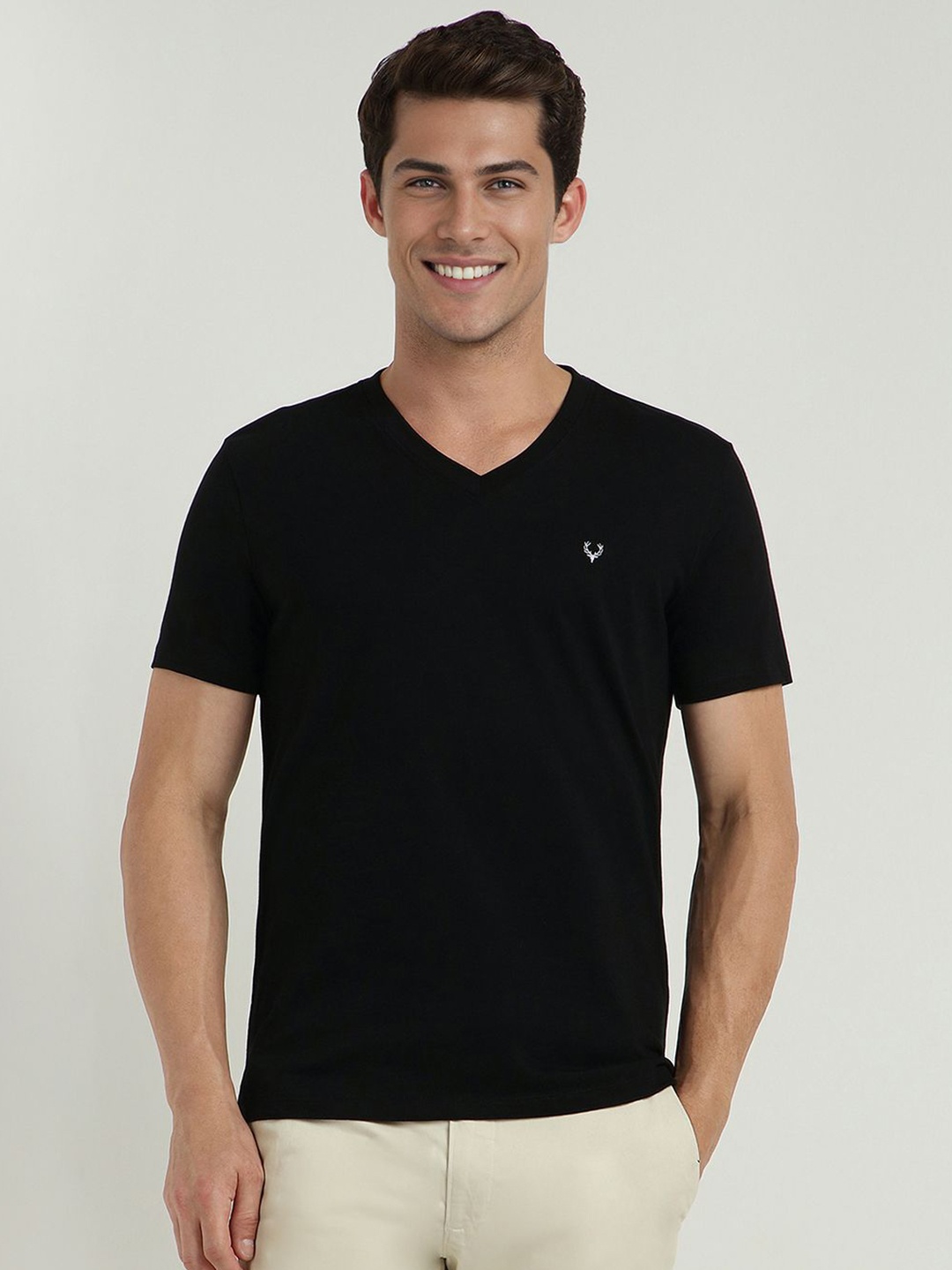 

Allen Solly Men Solid V-Neck Cotton Slim Fit T-shirt, Black