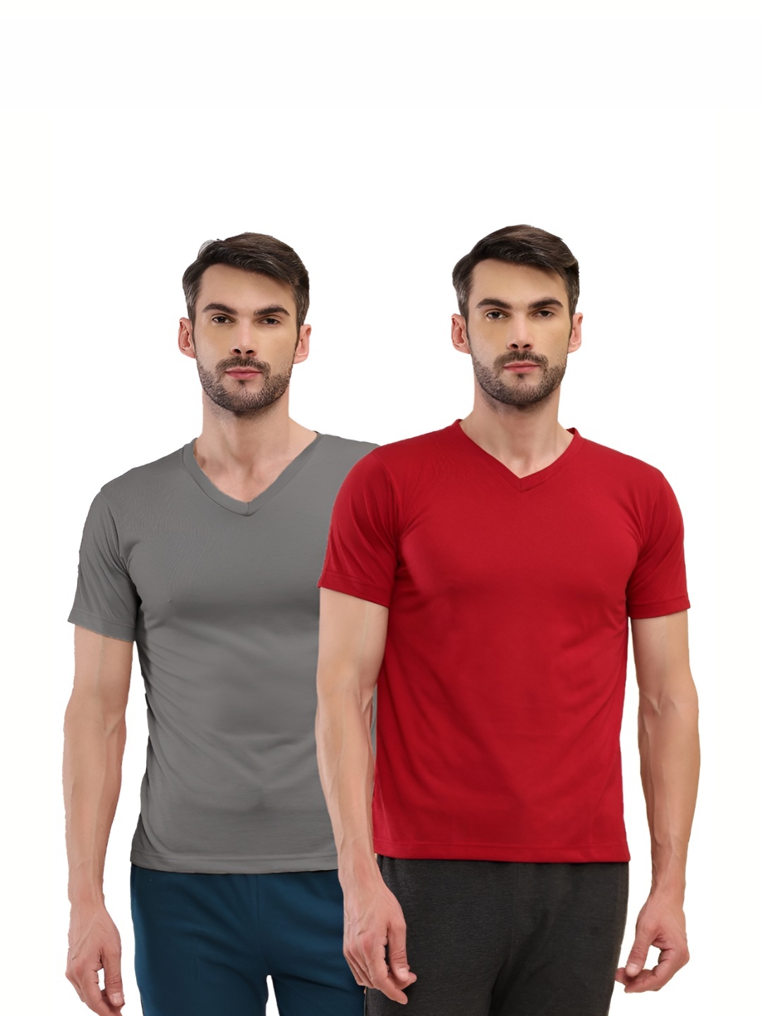 

T.T. Men Pack Of 2 Solid V-Neck Slim Fit T-shirts, Red