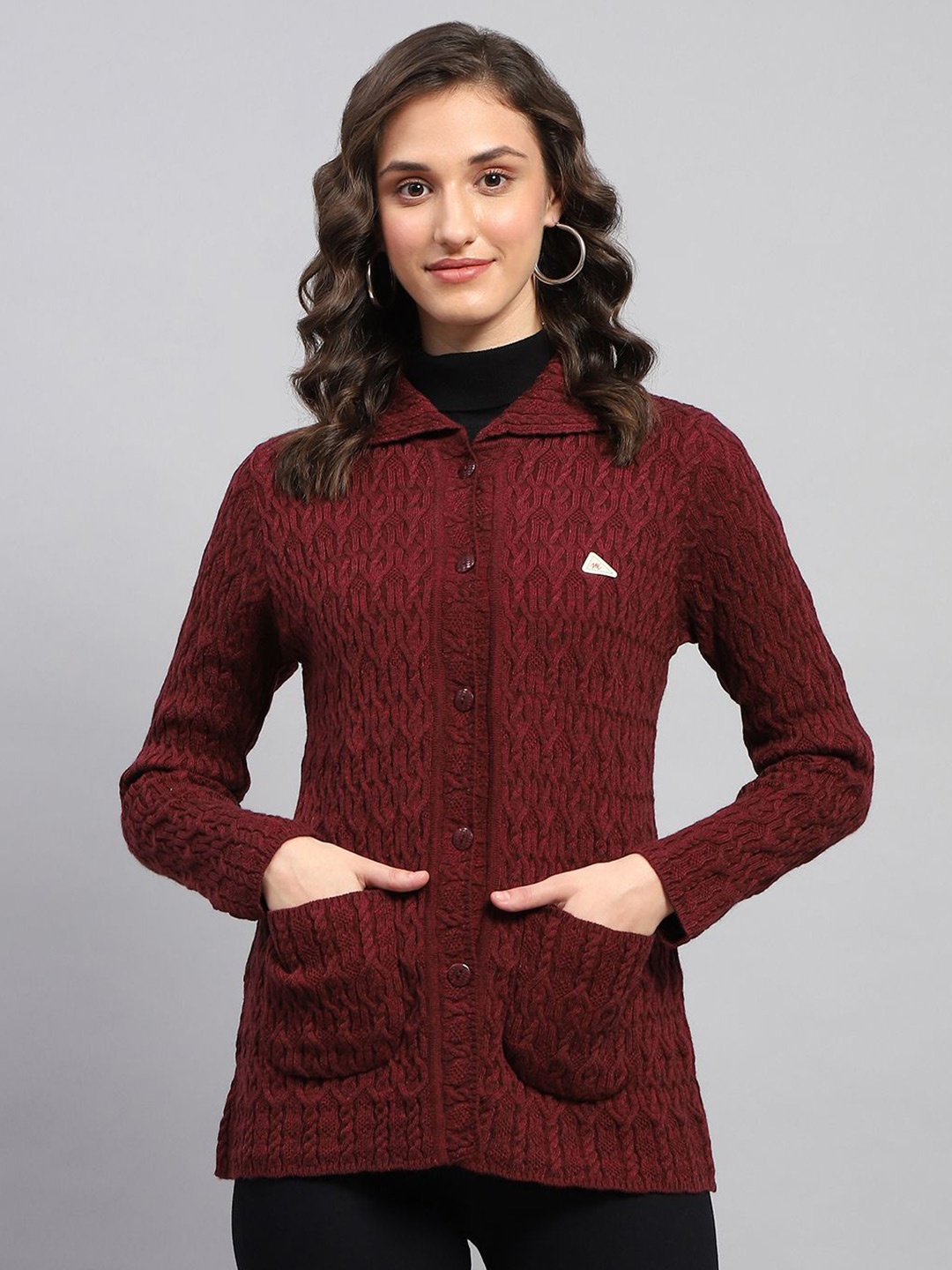 

Monte Carlo Women Ribbed Woollen Cardigan, Maroon