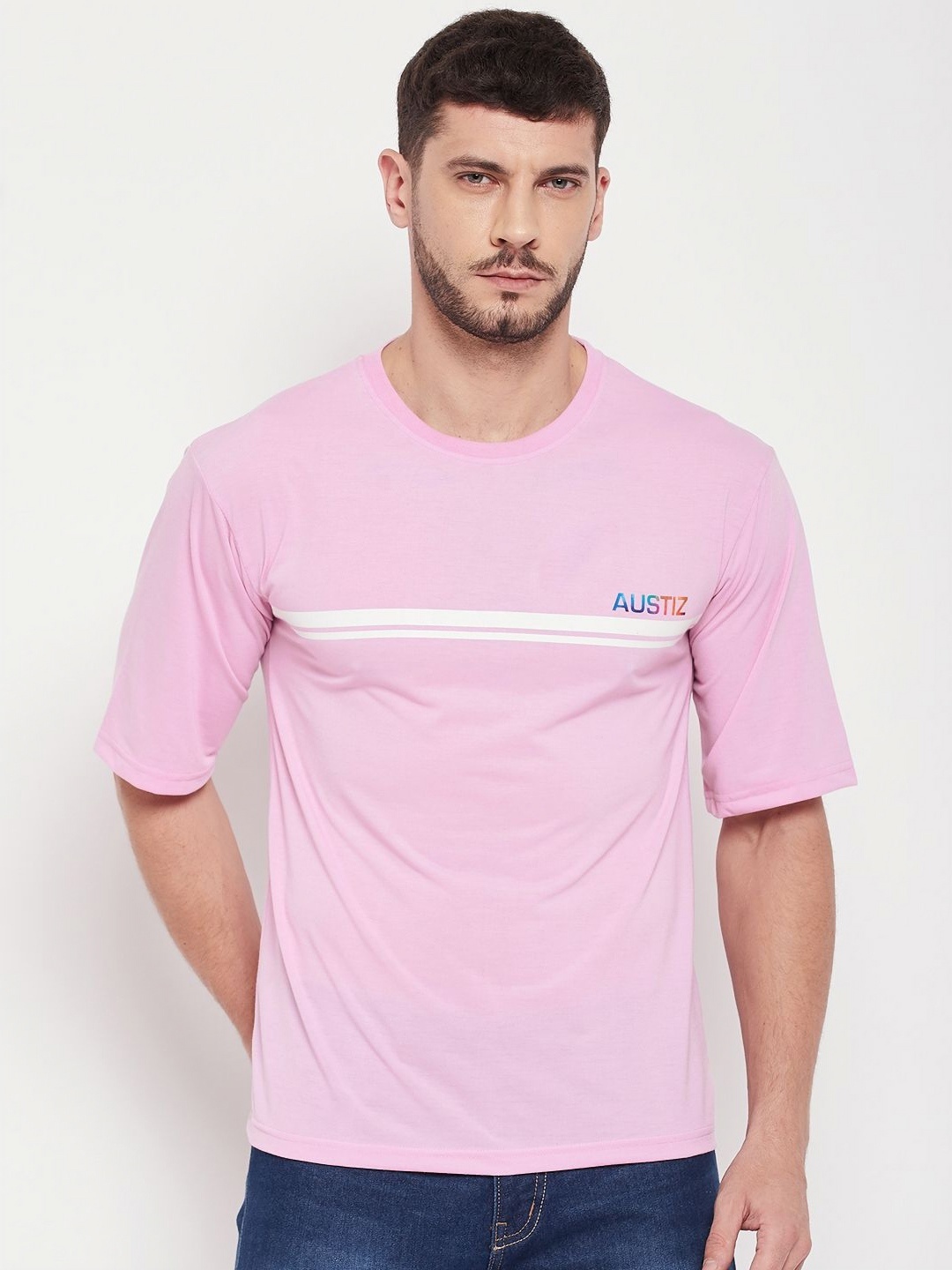 

Austin wood Men Solid Round Neck Cotton T-shirt, Purple
