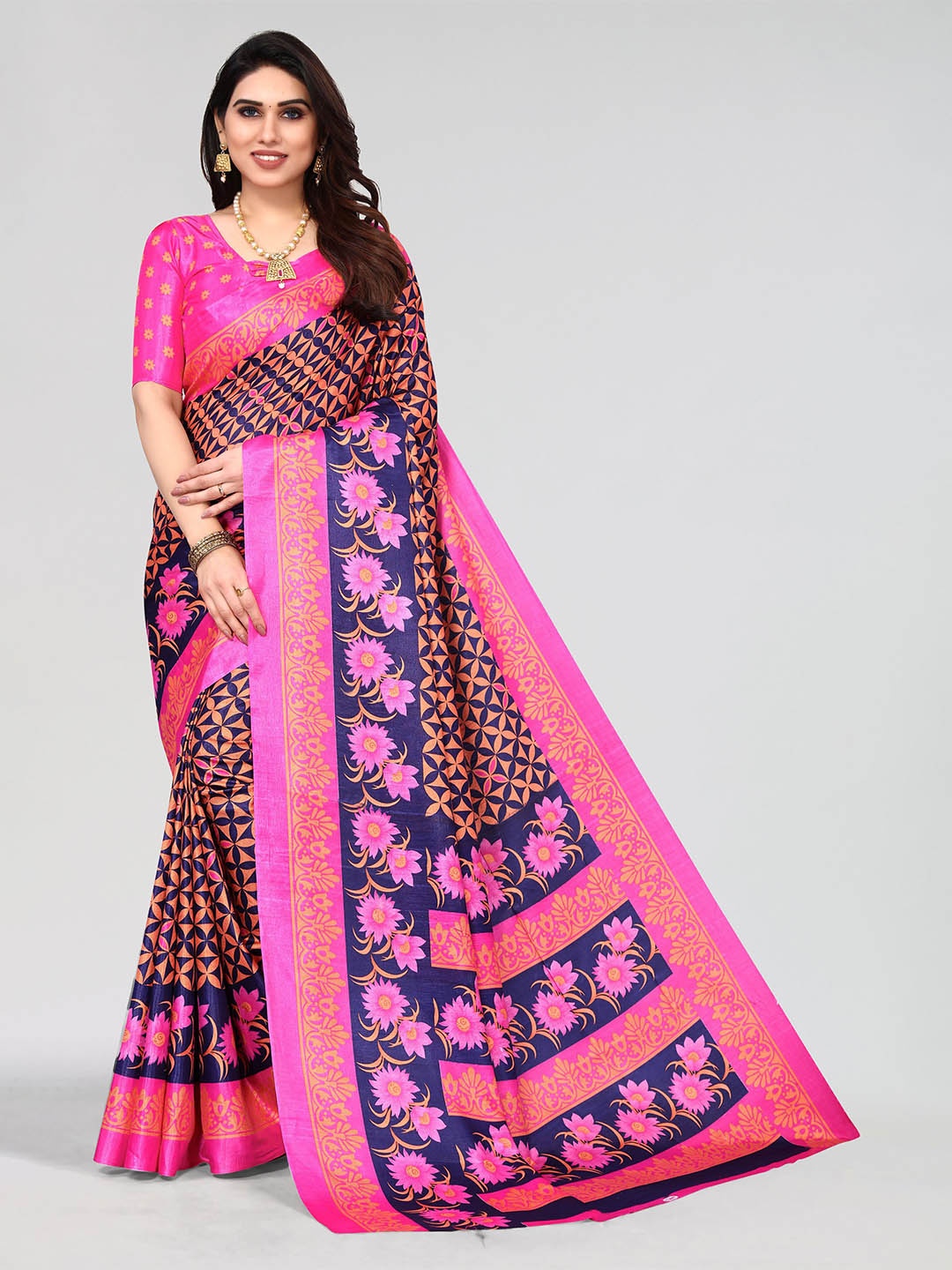 

VIRICA Floral Printed Saree, Navy blue