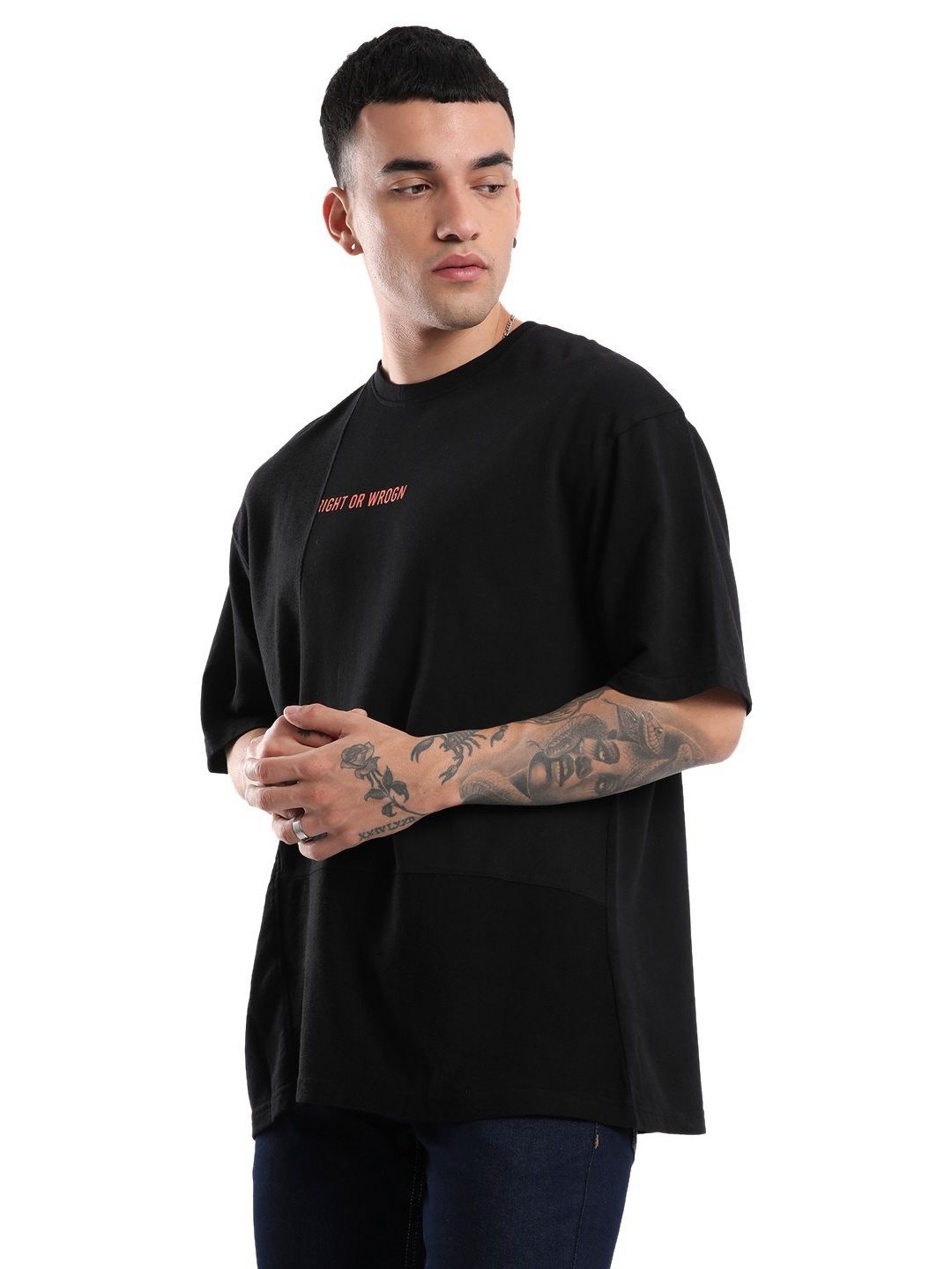 

WROGN Men Solid Round Neck Pure Cotton Oversized T-shirt, Black