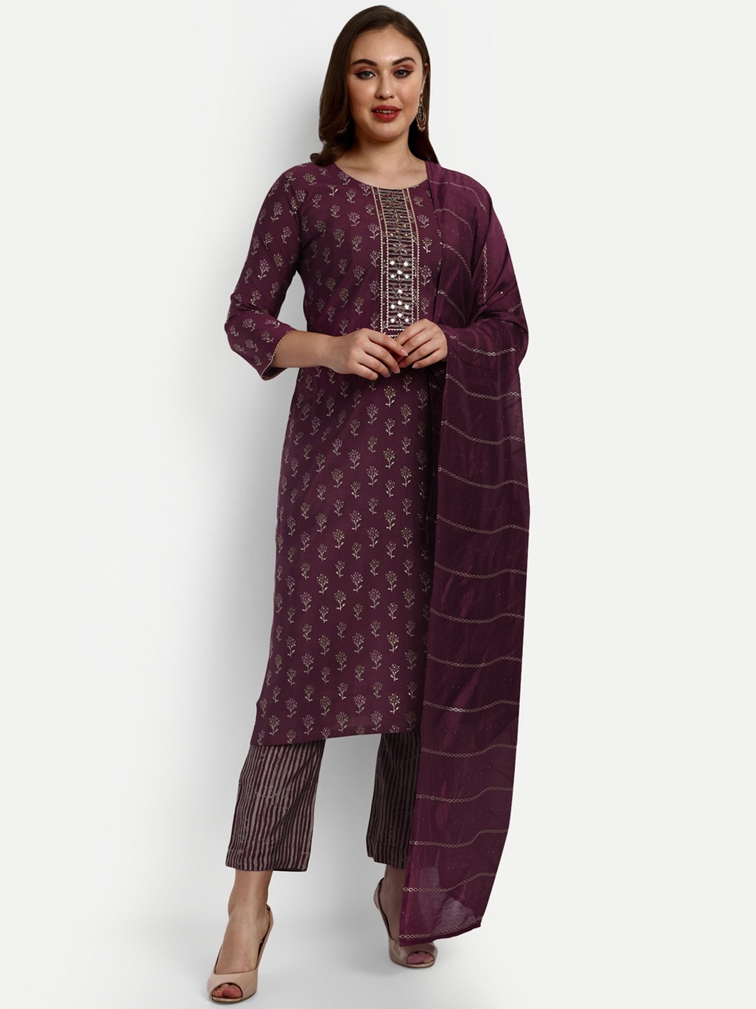 

V B SONS Ethnic Motifs Embroidered Mirror Work Chanderi Silk Kurta With Trousers & Dupatta, Maroon