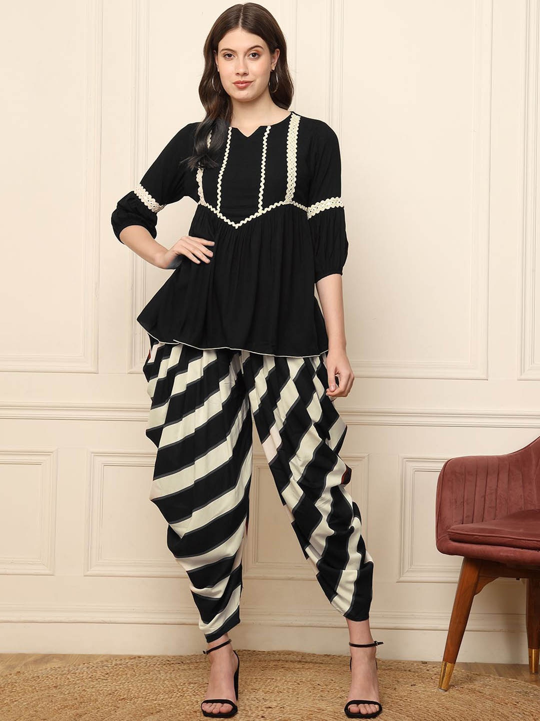 

DEEBACO Peplum Top With Harem Pant, Black