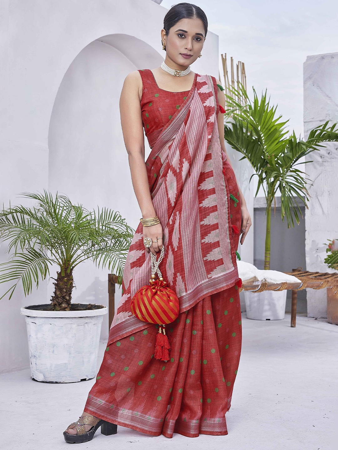 

Krimmple Polka Dot Zari Saree, Red