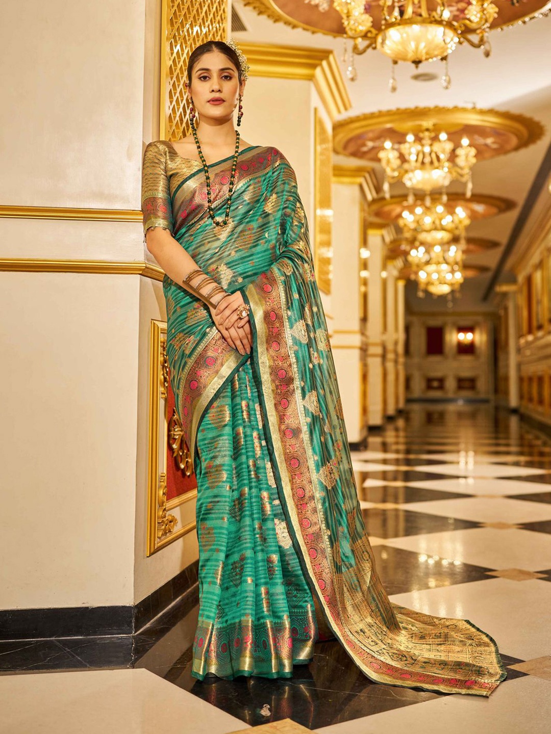 

Krimmple Woven Design Zari Organza Saree, Green