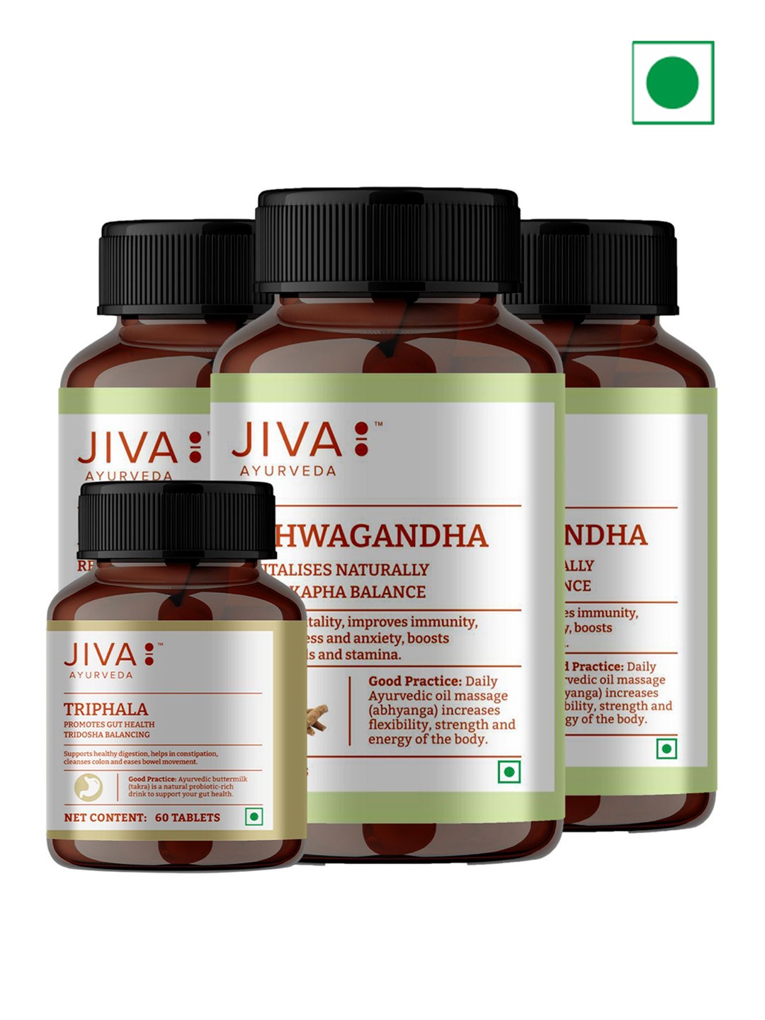 

Jiva Set Of 3 Ashwagandha Tablets 120 Tablets With Triphala Tablets 60 Tablets, White