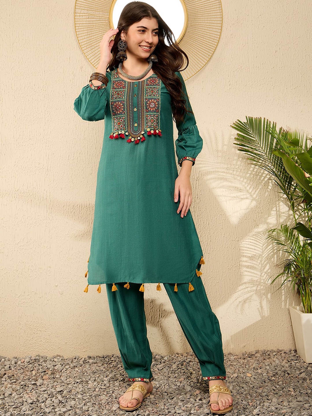 

KALINI Floral Embroidered Mirror Work Straight Kurta With Salwar, Teal