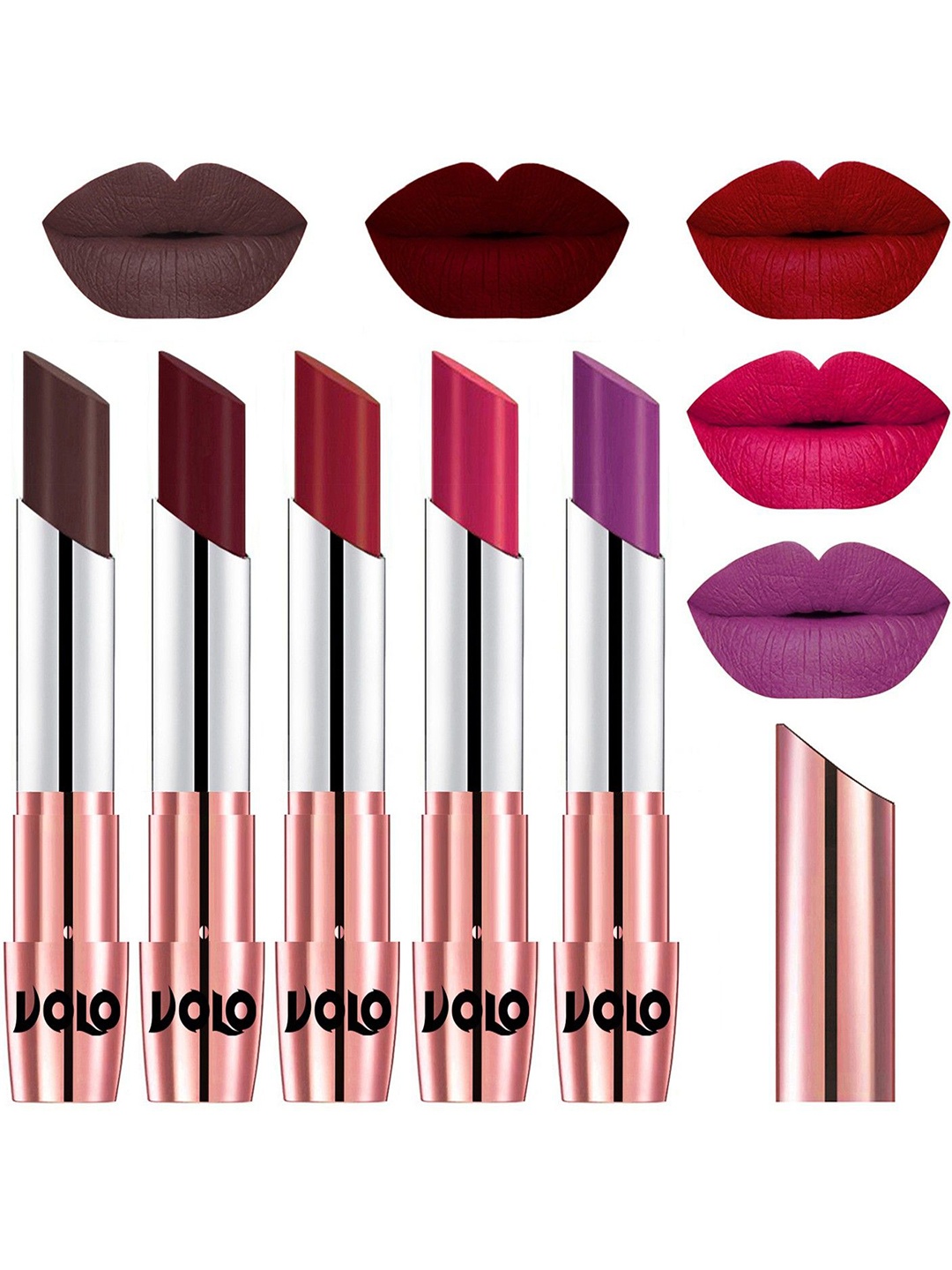 

VOLO Set Of 5 Creme Matte Lipstick-Chocolate 35-Maroon 42-Red 43-Passion Pink 44-Purple 48, Brown