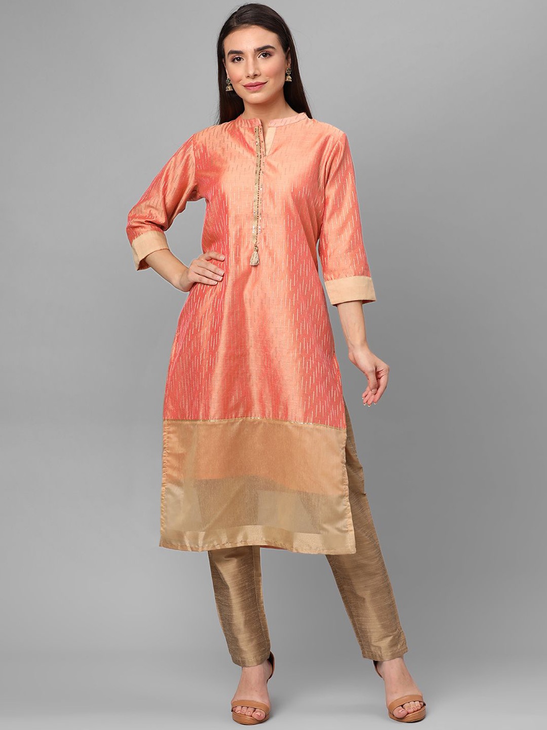 

Shree Embroidered Sequinned Mandarin Collar Chanderi Silk Straight Kurta, Peach