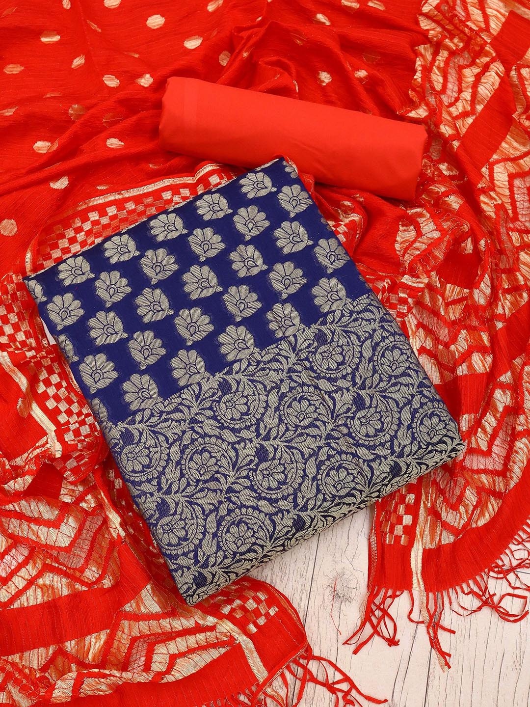 

JULEE Floral Woven Design Pure Silk Unstitched Dress Material, Navy blue