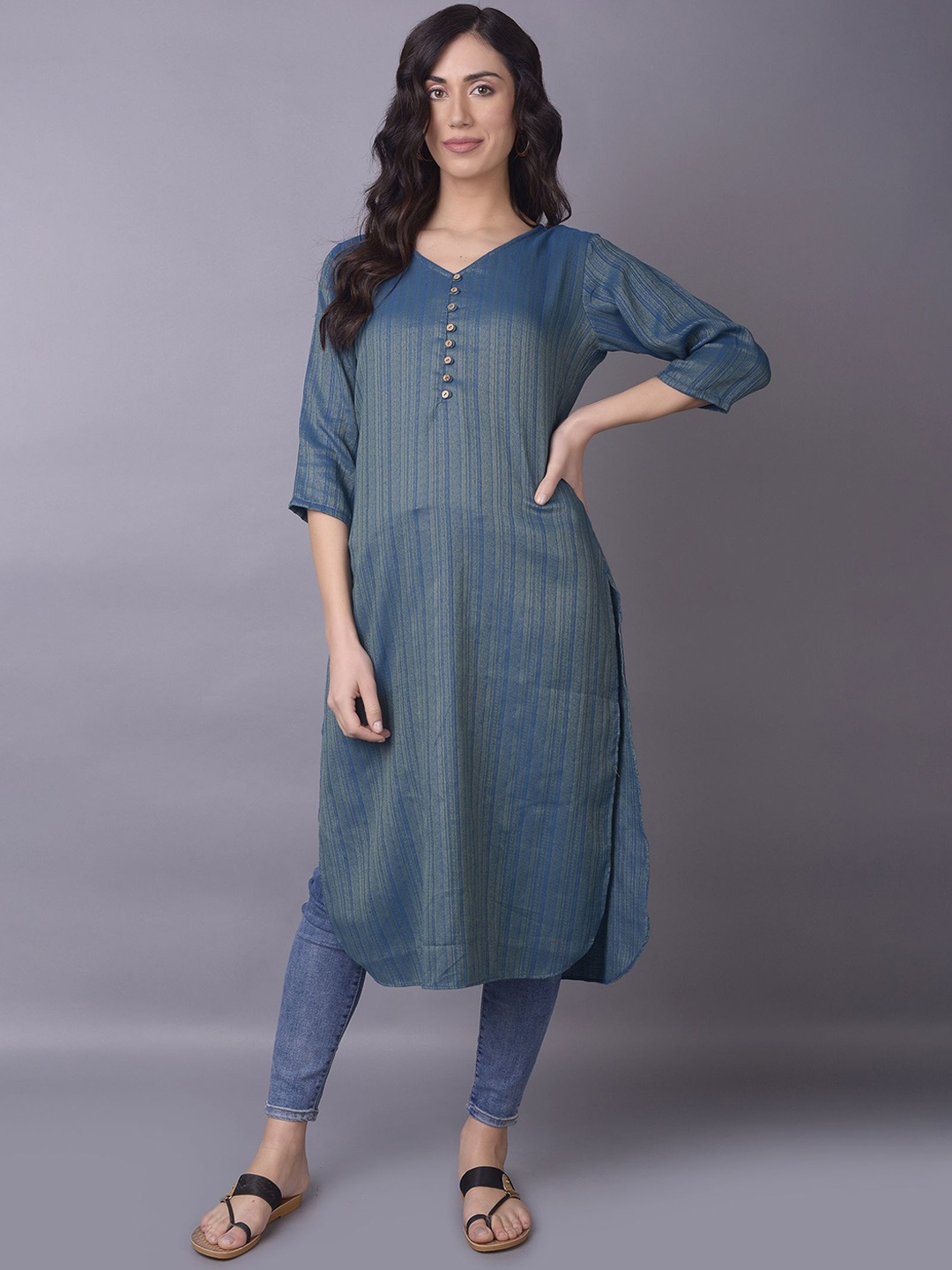 

Shree Striped V-Neck Cotton Straight Kurta, Navy blue