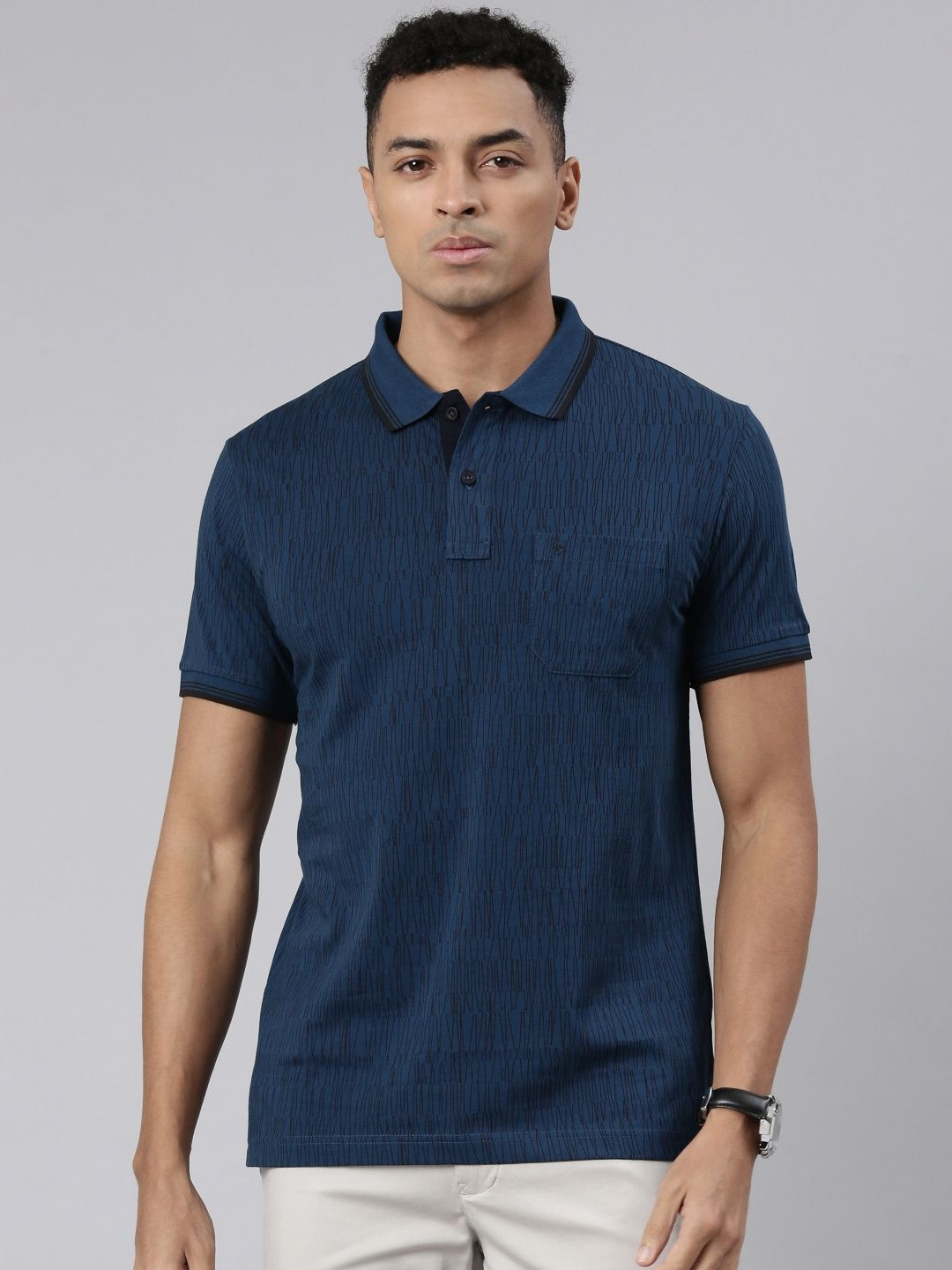 

Classic Polo Men Abstract Printed Polo Collar Cotton Slim Fit T-shirt, Teal