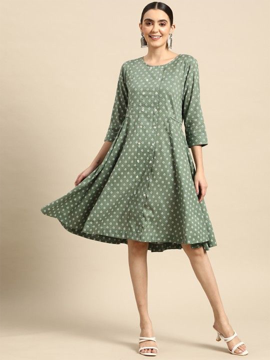 

Sangria Women Printed Pure Cotton A-Line Dresses, Olive