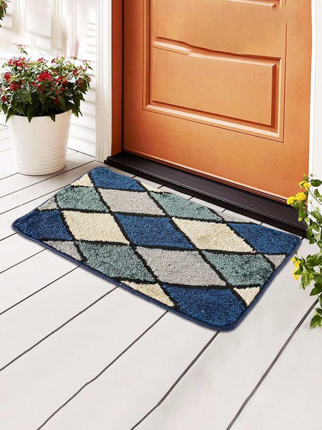 

Kuber Industries Blue Checked Anti Skid Microfibre Door Mat