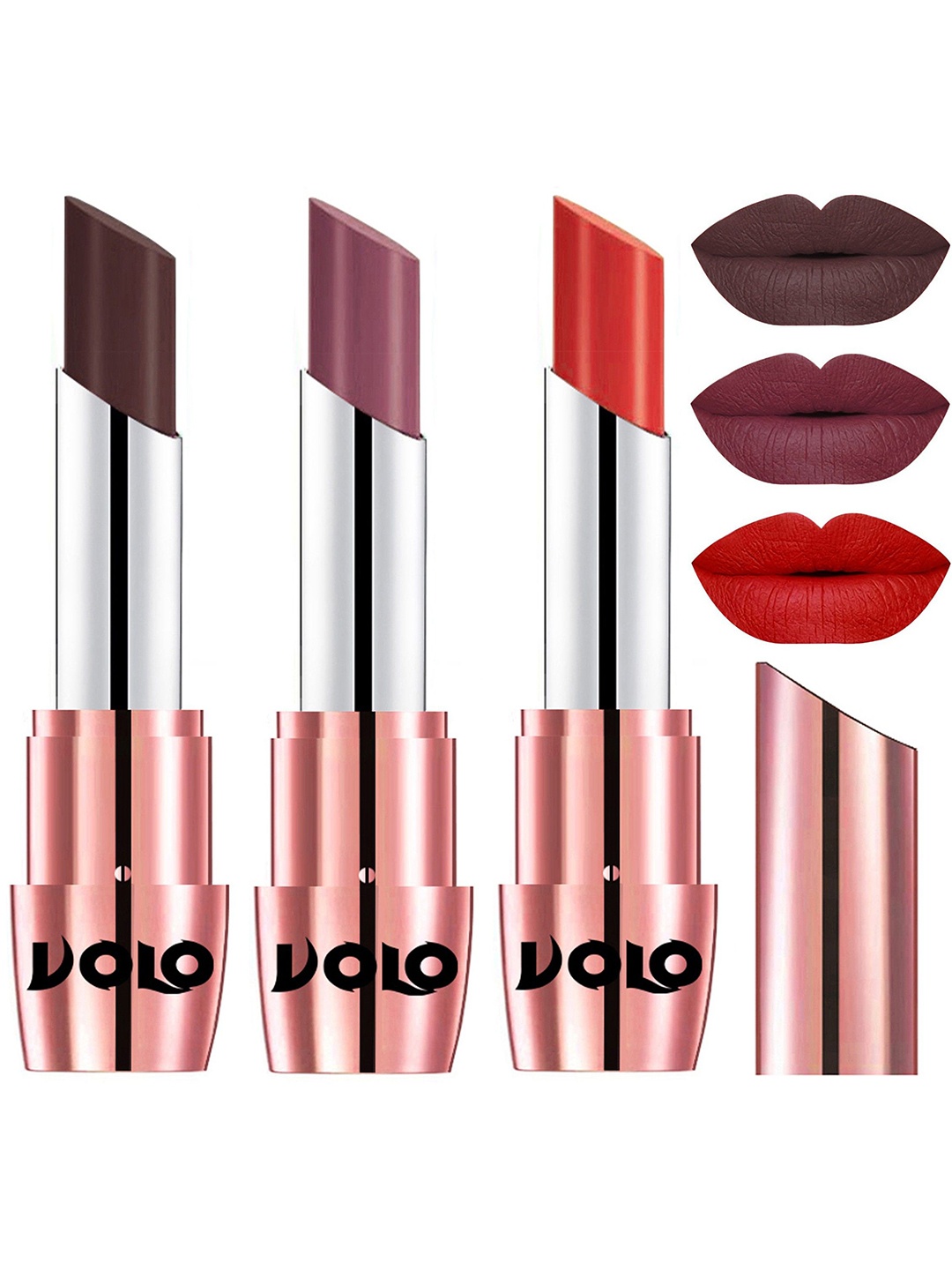 

VOLO Set Of 3 Creamy Matte Lipstick- 3.5g- Cherry- Plum-Orange- Chocolate-635- 636-649, Red