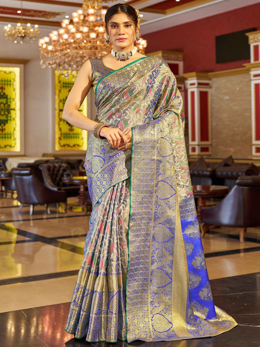 

Krimmple Ethnic Motifs Woven Design Zari Saree, Blue