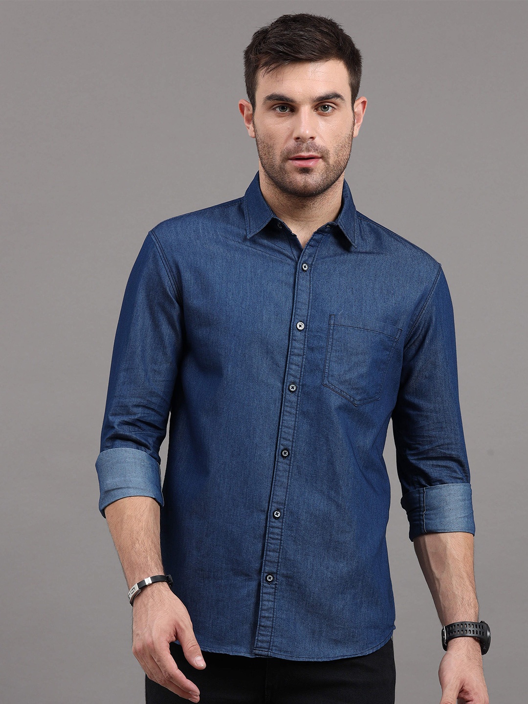 

REGROWTH Men Standard Spread Collar Solid Polycotton Casual Shirt, Navy blue