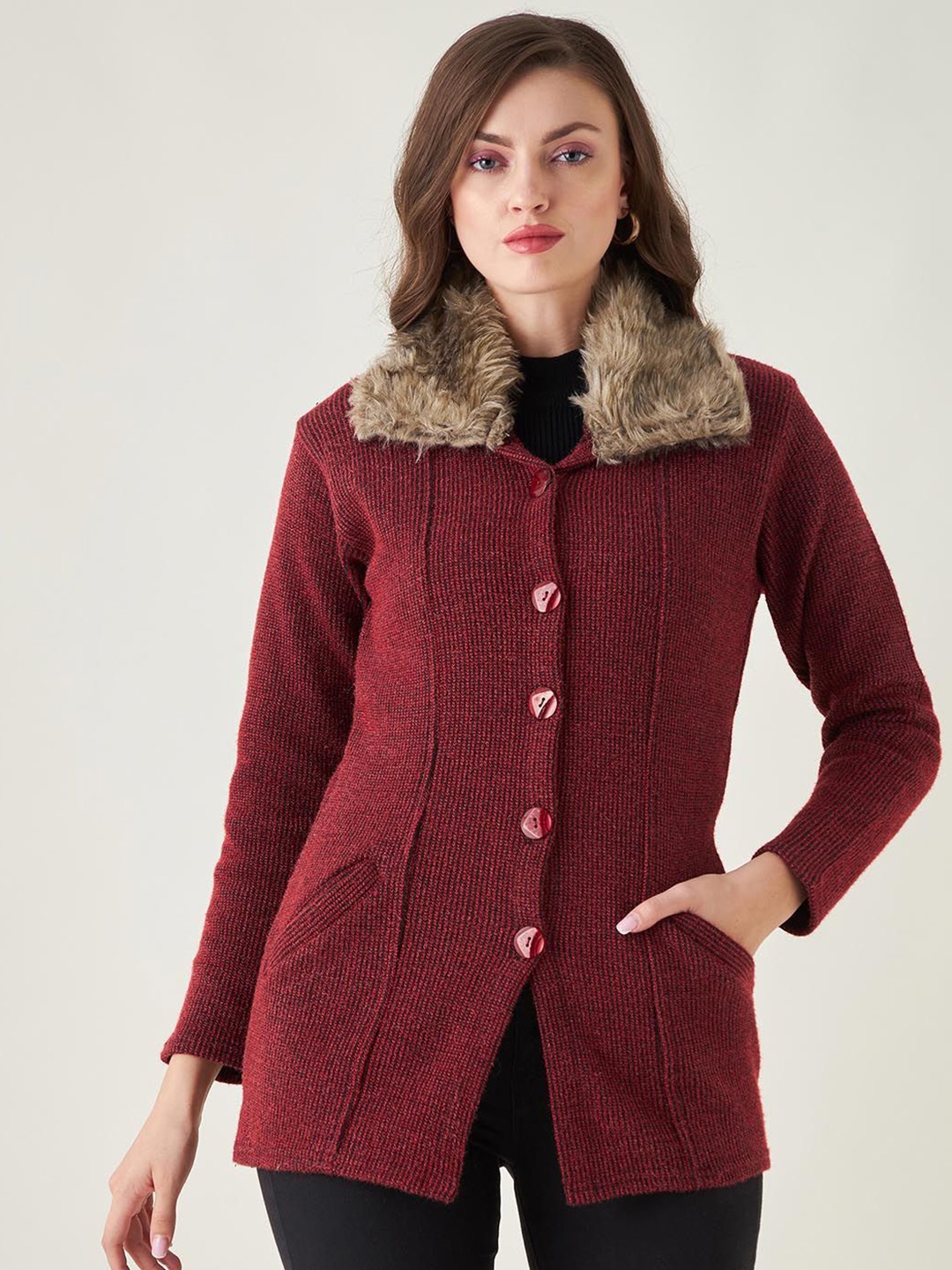 

PIVL Women Longline Cardigan Sweater, Maroon