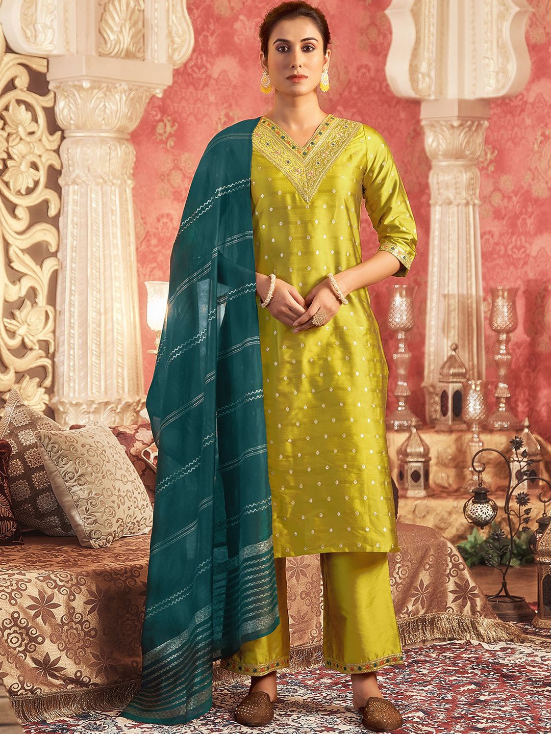 

KALINI Geometric Woven Design Thread Work Jacquard Straight Kurta With Palazzos & Dupatta, Yellow