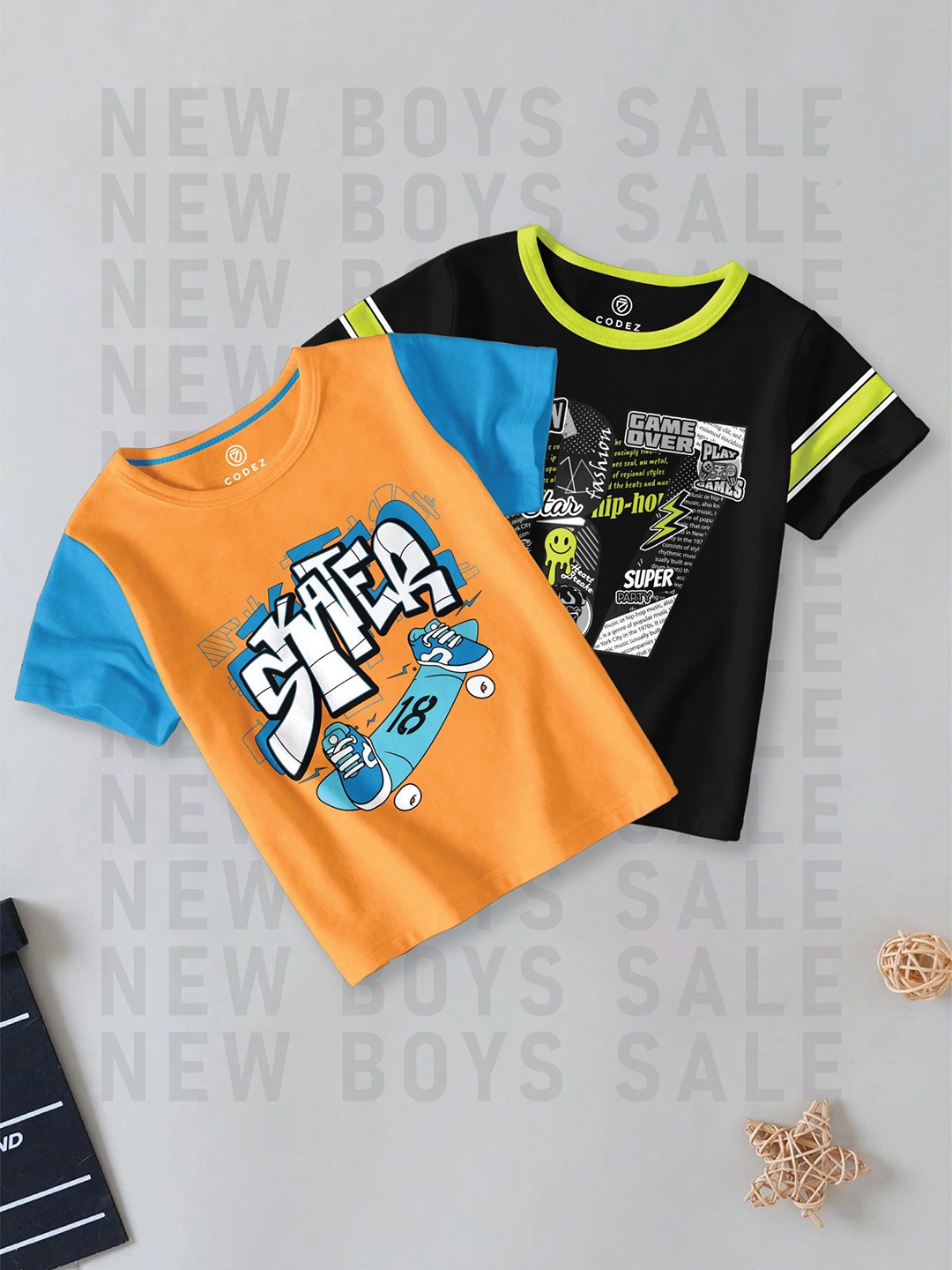 

CODEZ Boys Pack Of 2 Typography Printed Round Neck Cotton T-shirts, Black