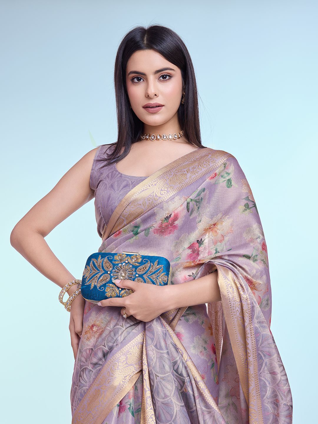 

Mitera Floral Printed Zari Saree, Purple
