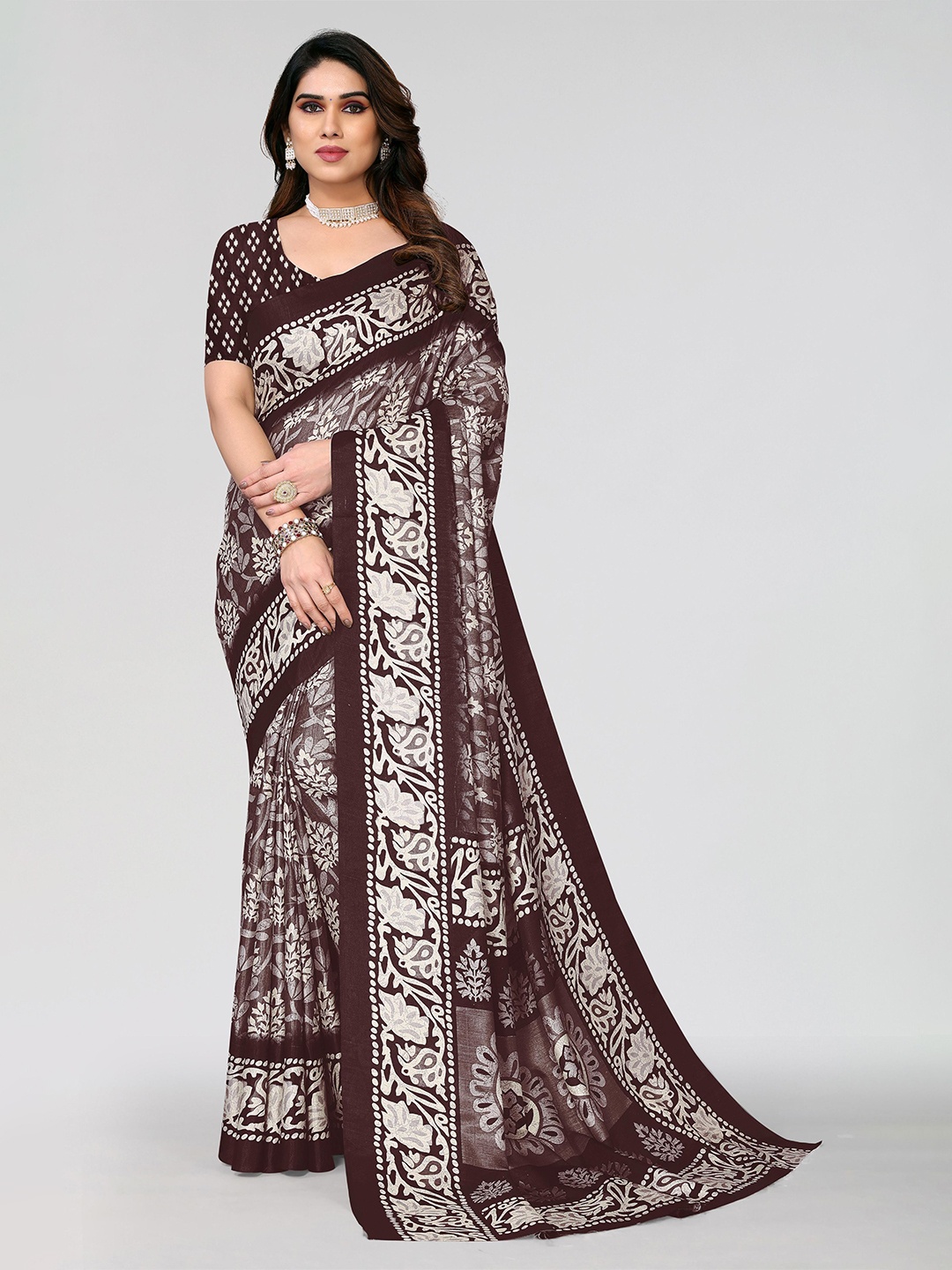 

VIRICA Floral Printed Saree, Brown