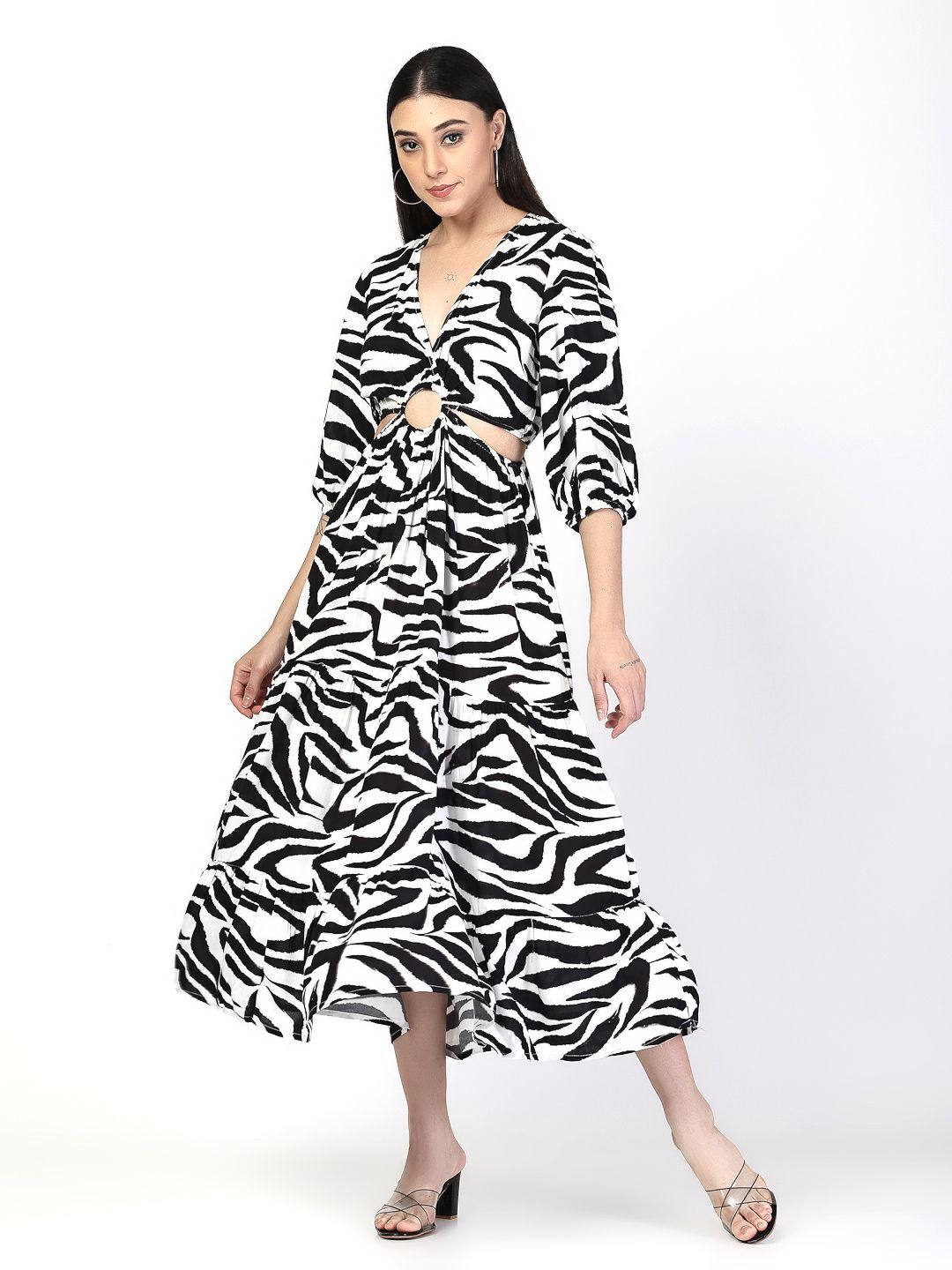 

COSMIC TRIO Printed Fit & Flare Midi Dress, White
