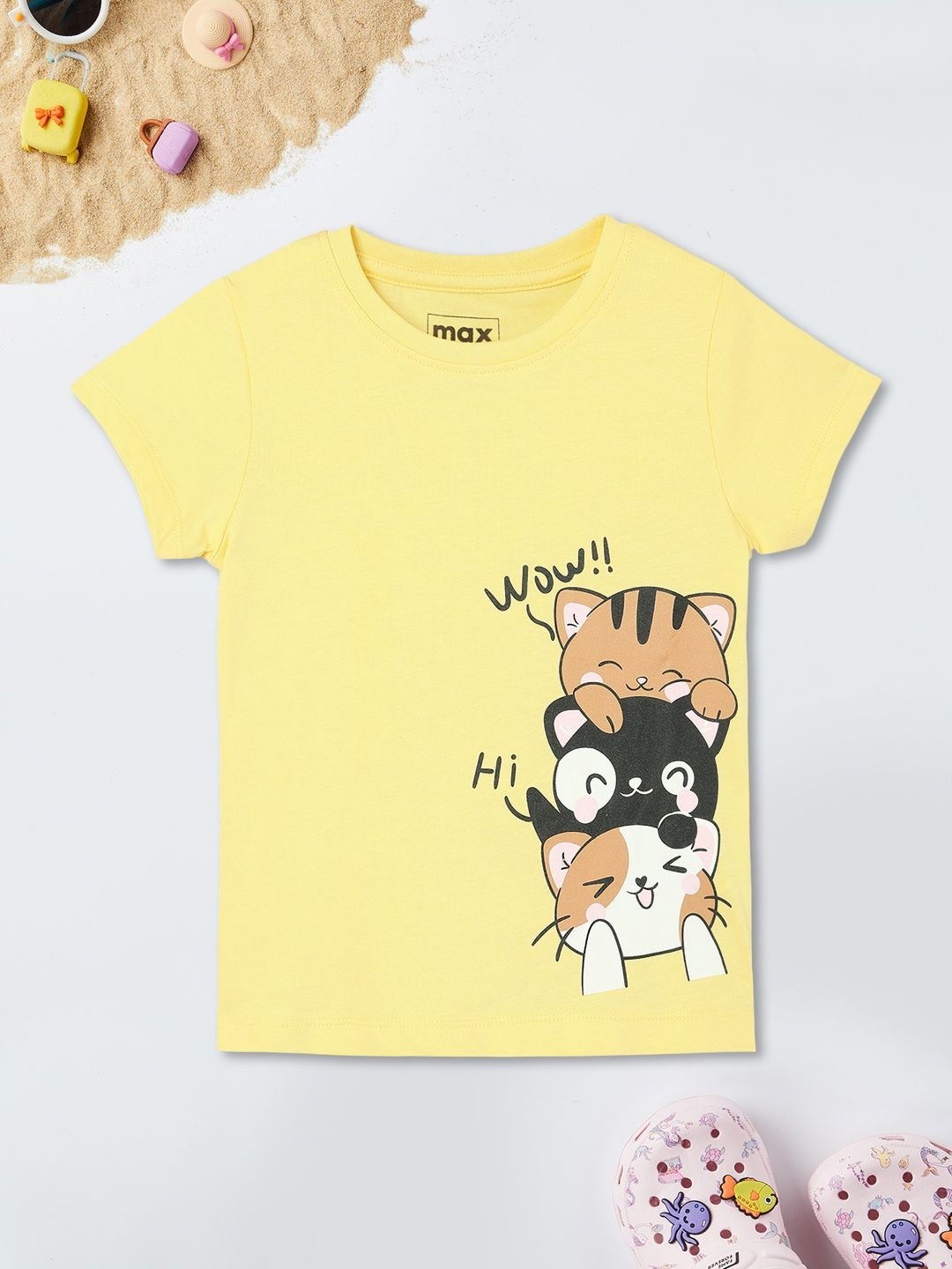 

max Girls Graphic Printed Round Neck Cotton T-shirt, Yellow