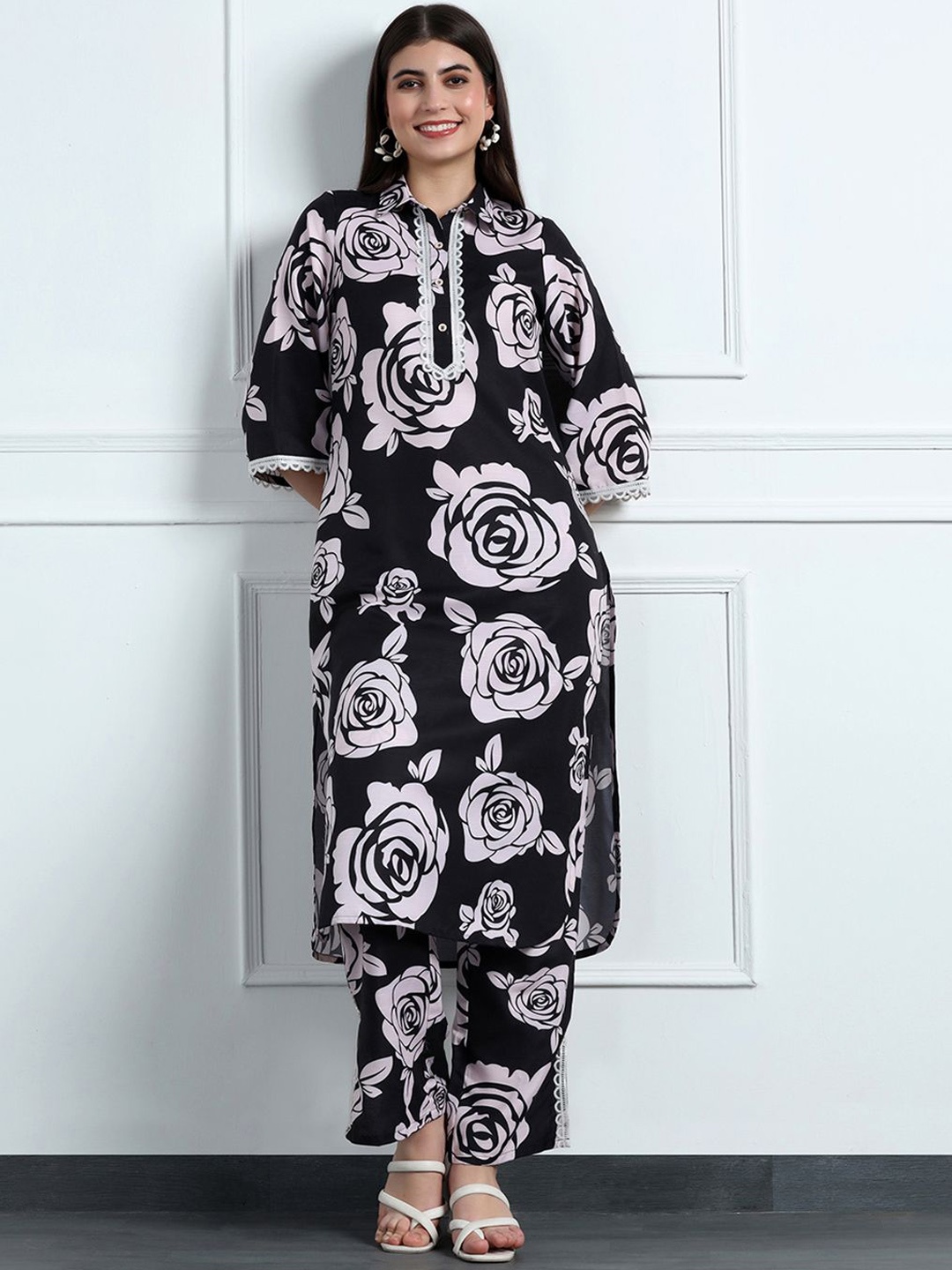 

BAESD Floral Printed Shirt Collar Regular Straight Kurta with Trousers, Black