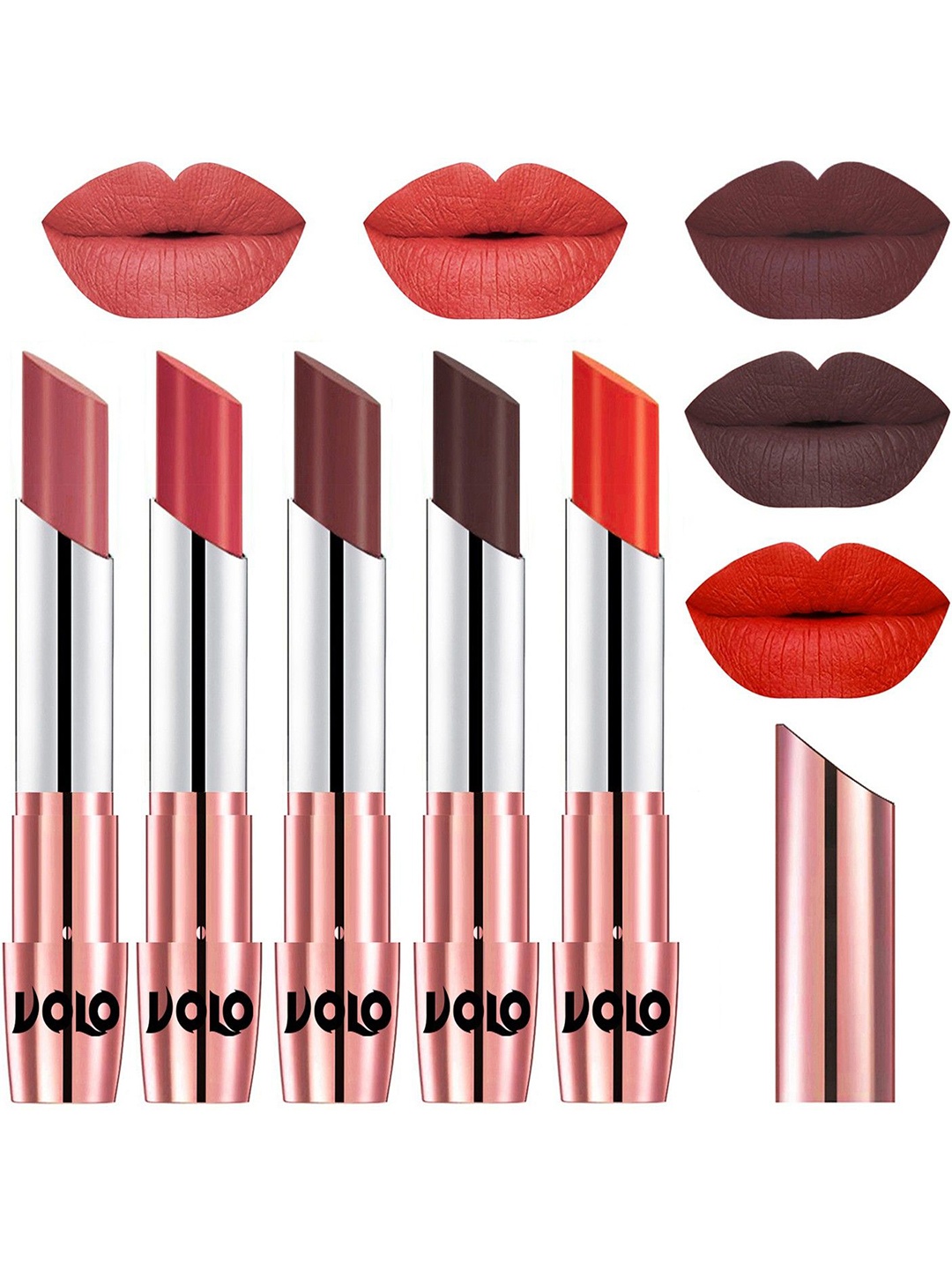 

VOLO Set Of 5 Creme Matte Lipstick-3.5g Each-Light Peach- Peach- Coffee- Chocolate- Coral, Red