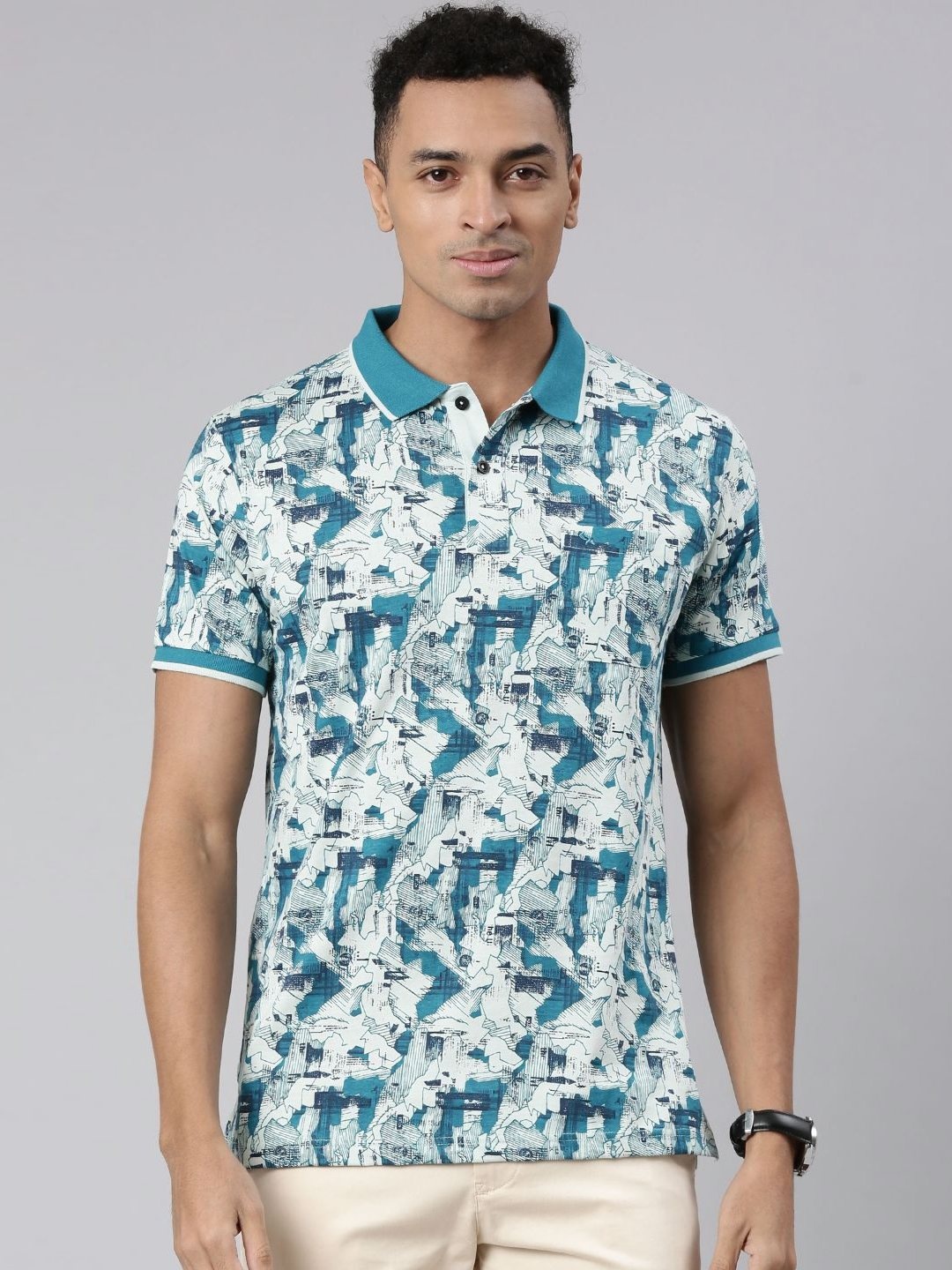 

Classic Polo Men Abstract Printed Polo Collar Cotton Slim Fit T-shirt, Blue