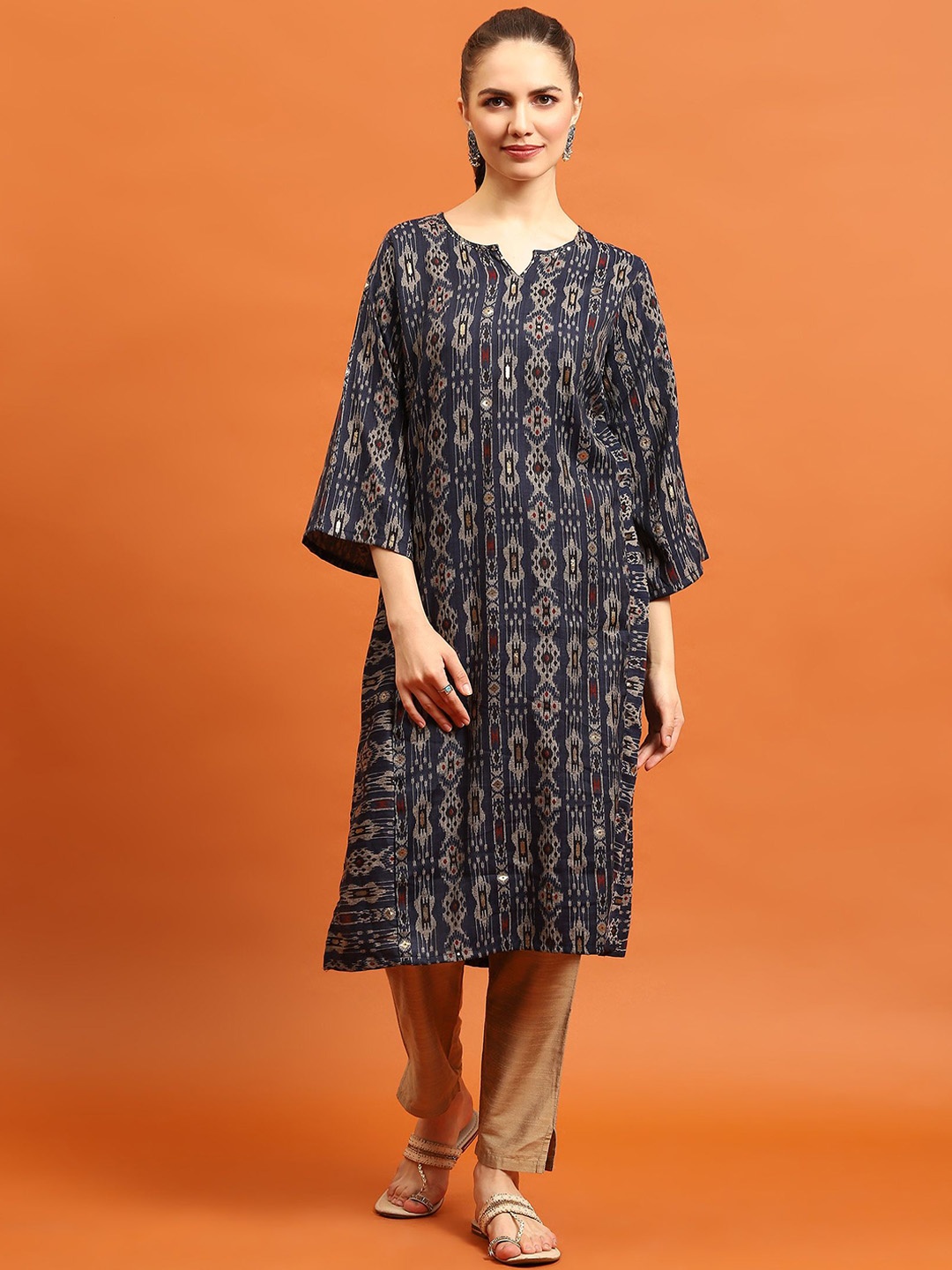 

Shree Ethnic Motifs Printed Sequinned Flared Sleeves Straight Kurta, Navy blue