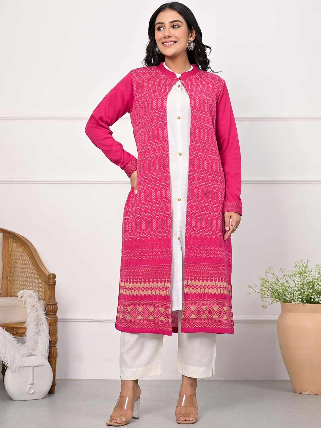 

Juniper Ethnic Motif Printed Cotton Longline Winter Jacket, Pink