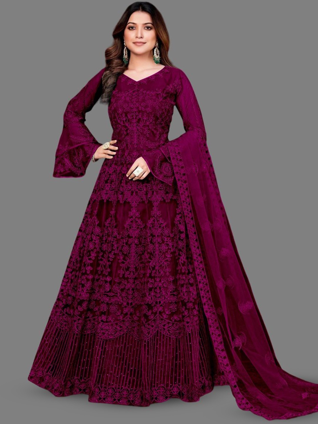 

LADY SHOPI Embroidered Bell Sleeve Net Fit & Flare Maxi Dress, Magenta