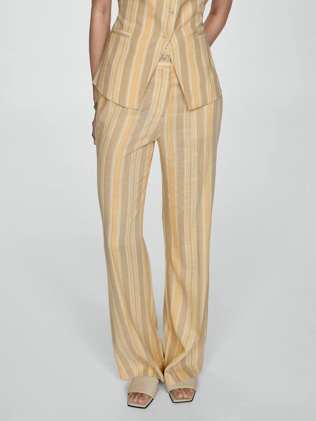 

MANGO Women Striped Trousers, Beige