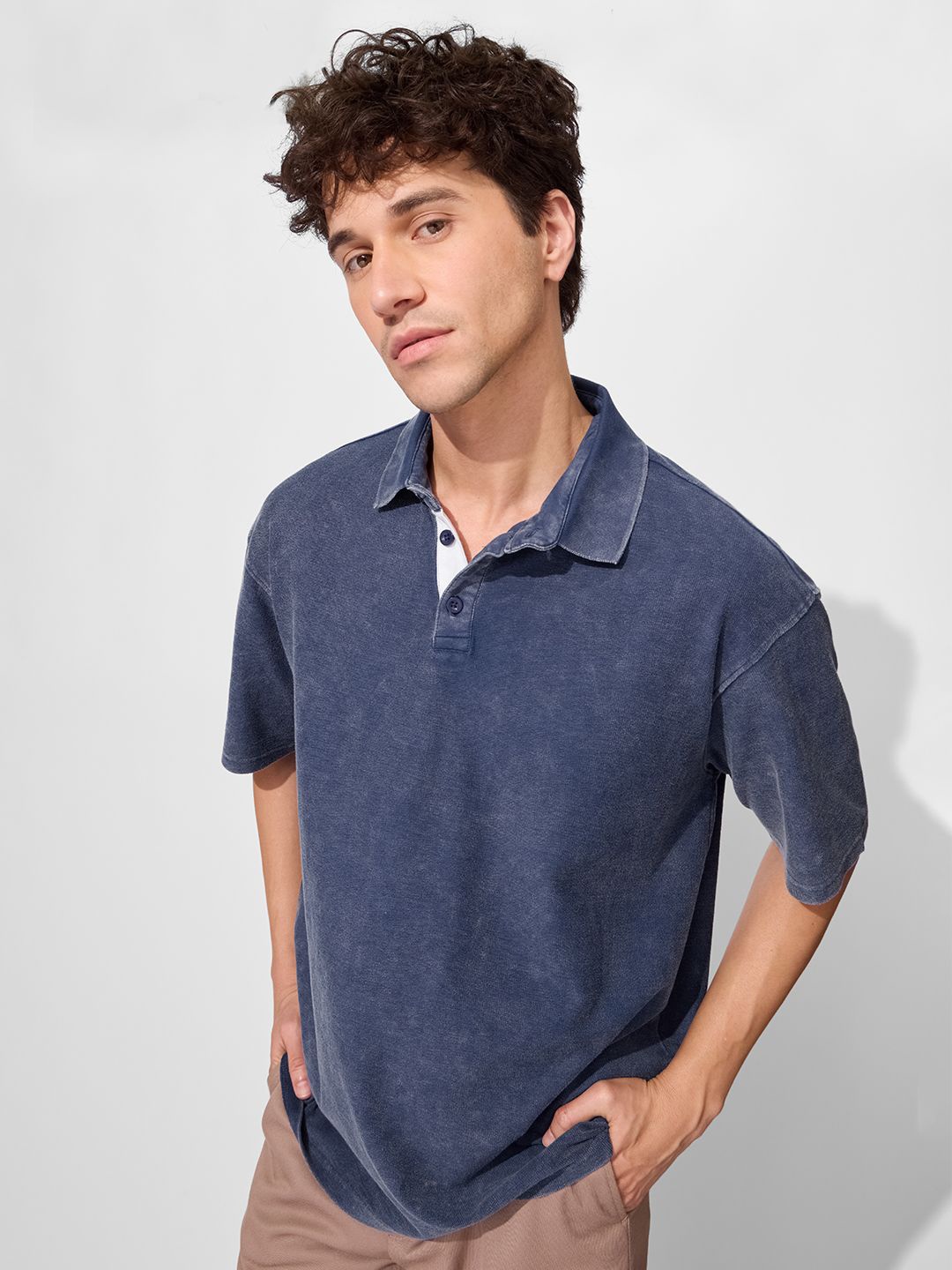 

The Souled Store Men Solid Polo Collar Cotton Oversized T-shirt, Blue