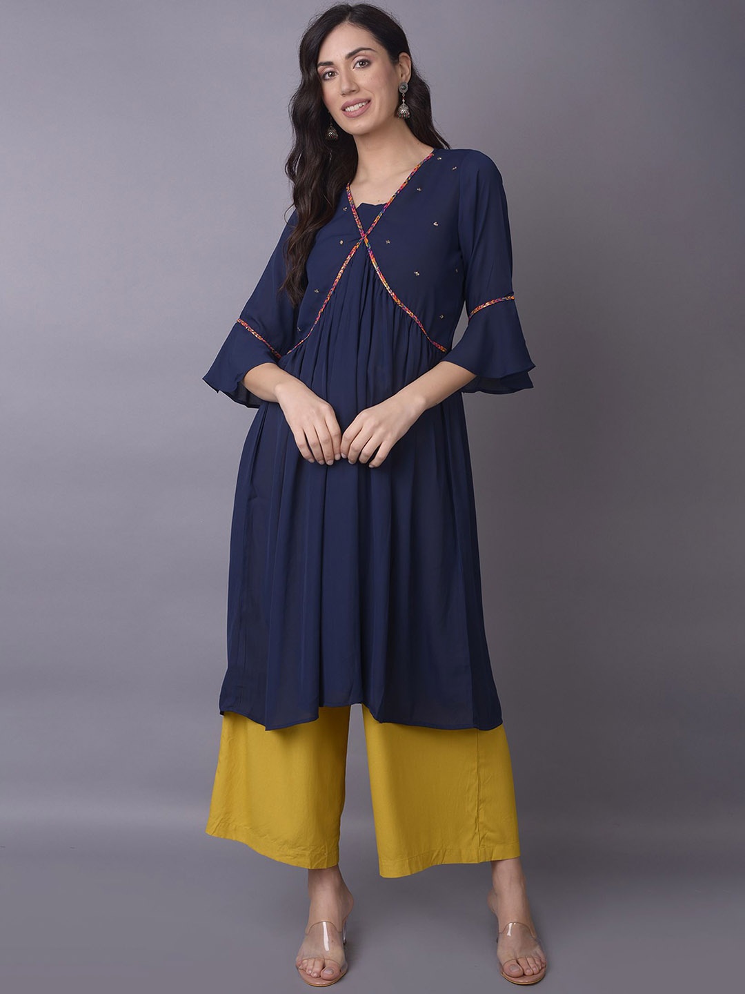 

Shree Sequinned V-Neck Bell Sleeves A-Line Kurta, Navy blue