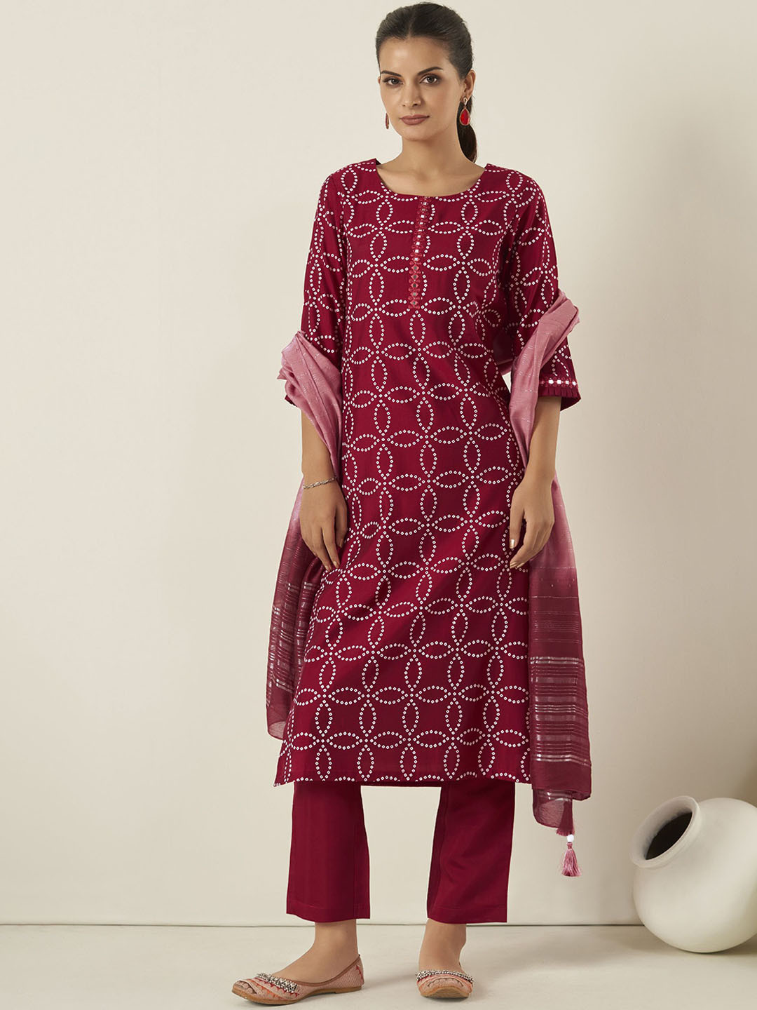 

Anouk Bandhani Printed Round Neck Regular Chanderi Silk Kurta With Trousers With Dupatta, Red