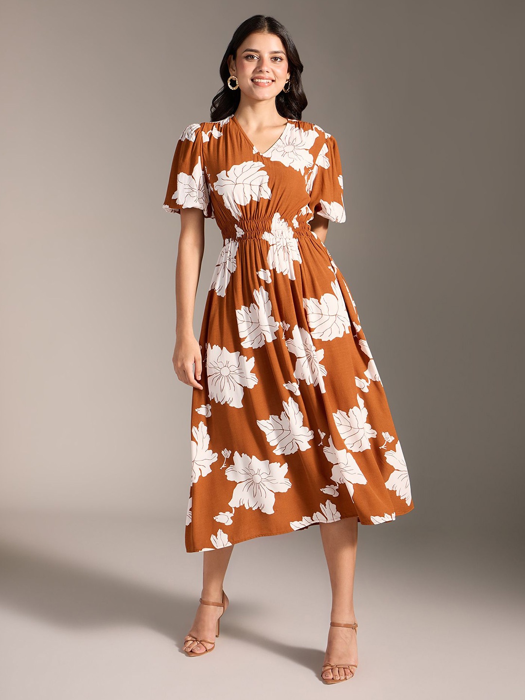 

20Dresses Floral Printed Puff Sleeve Fit & Flare Midi Dress, Brown