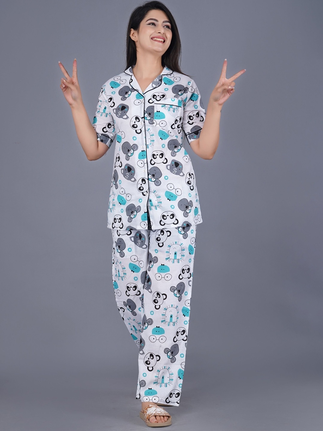 

ao services Conversational Printed Lapel Collar Pure Cotton Shirt & Trousers, White