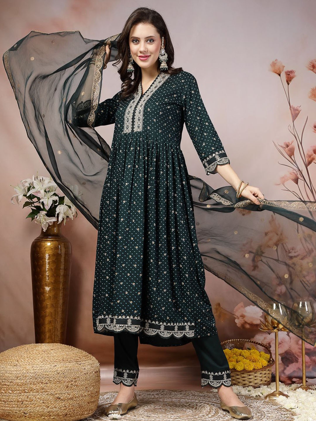 

Stylum Teal Green & WHite Ethnic Motifs Printed Anarkali Kurta & Trousers With Dupatta