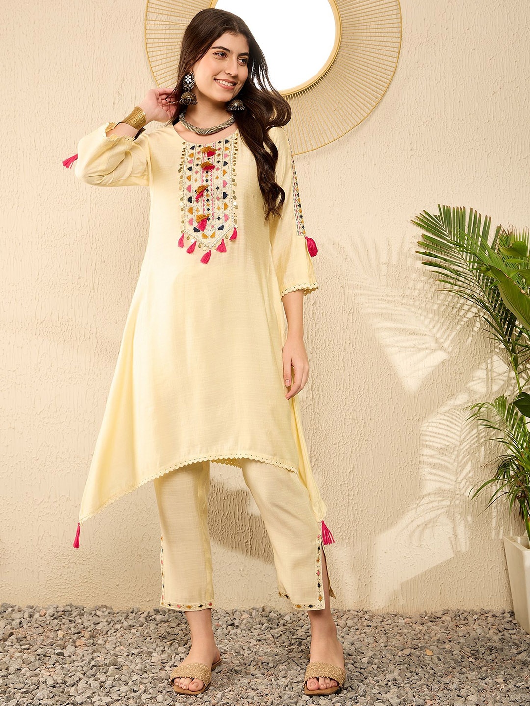 

KALINI Ethnic Motifs Yoke Design Thread Work A-Line Kurta with Trousers, Yellow