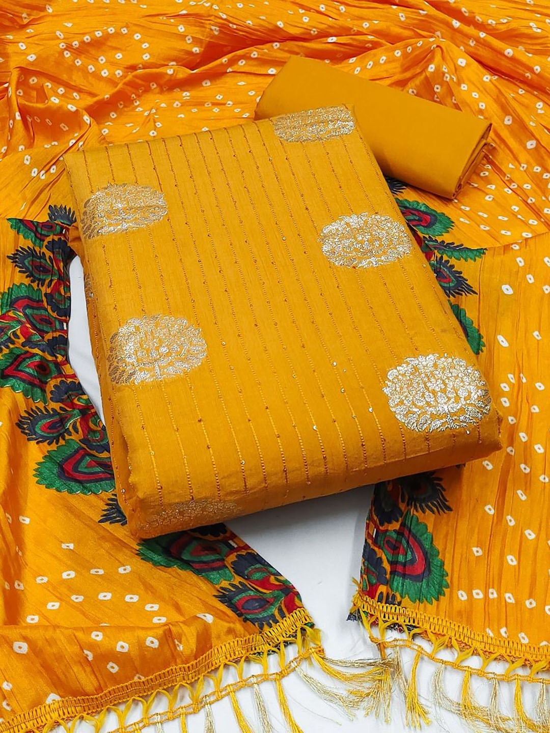 

JULEE Ethnic Motifs Woven Design Sequinned Pure Silk Unstitched Dress Material, Yellow