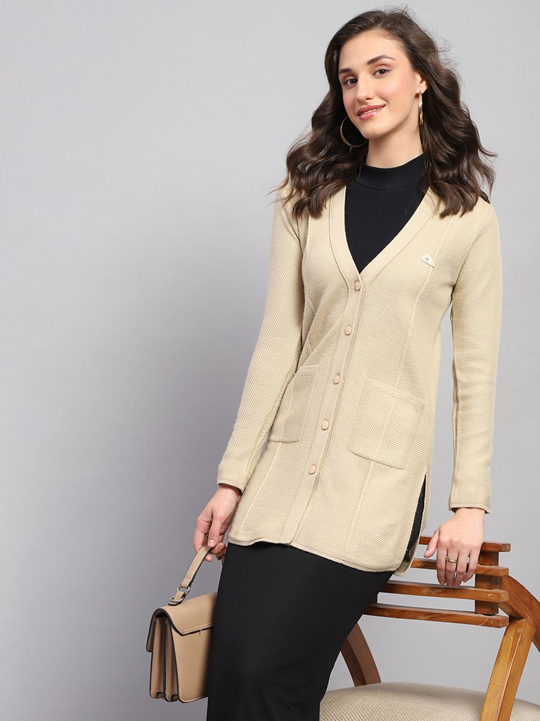 

Monte Carlo Women Ribbed Woollen Longline Cardigan, Beige