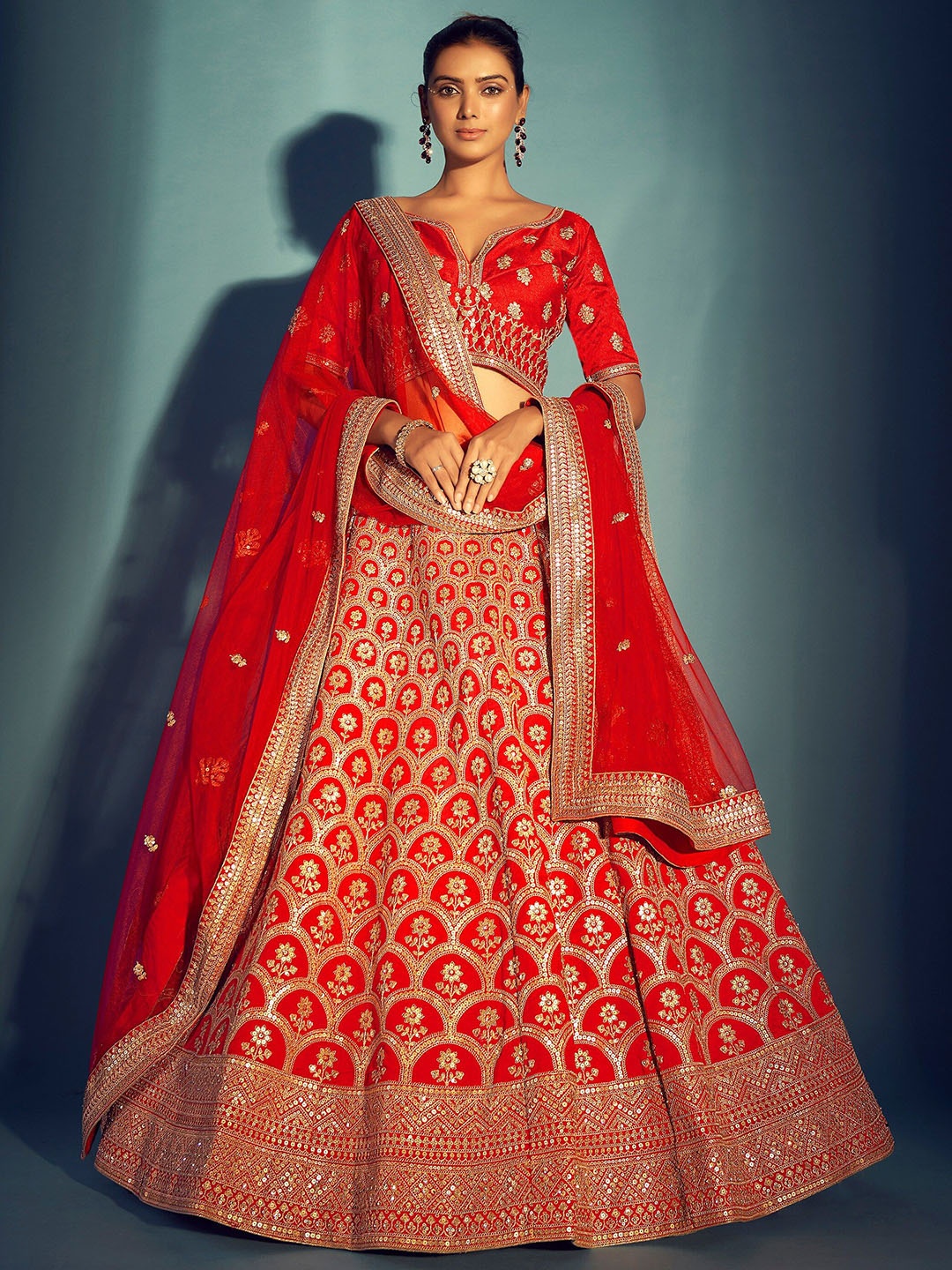 

JMS Studio Embroidered V-Neck Silk Ready to Wear Lehenga & Unstitched Blouse With Dupatta, Red