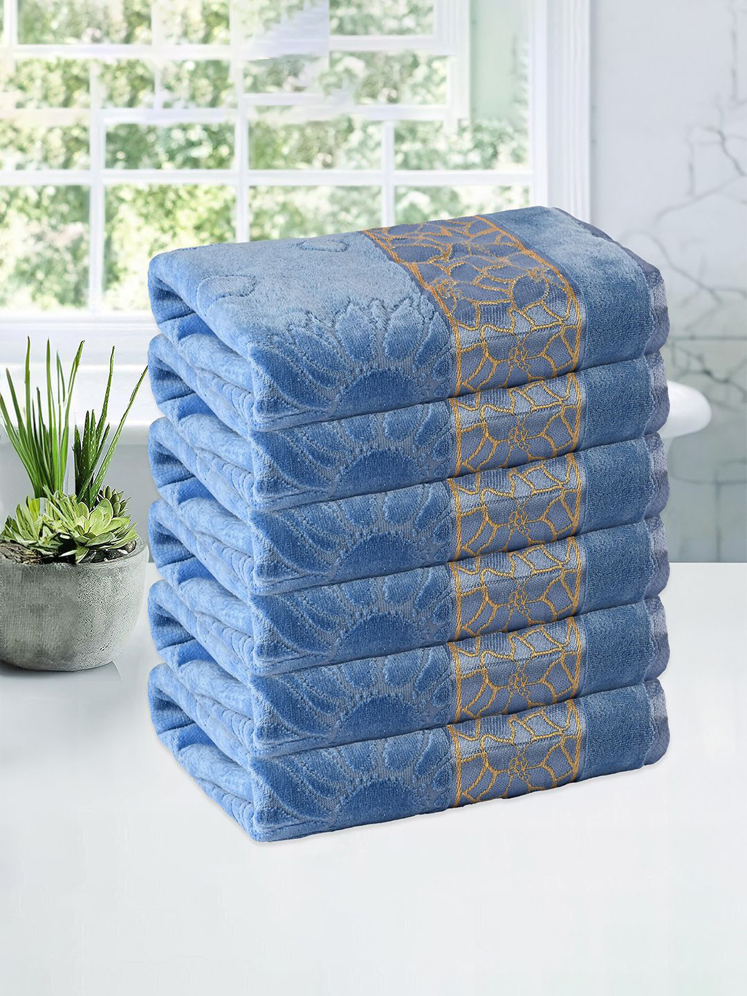 

Kuber Industries Blue & Beige 6 Pieces Printed Cotton 450 GSM Bath Towels